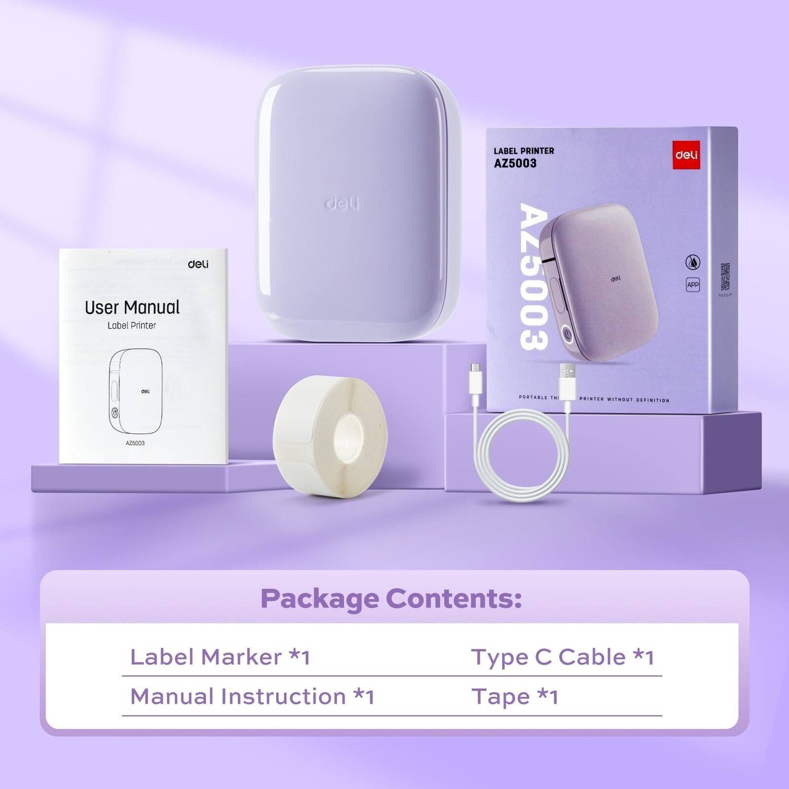 deu User Manual Label Printer - dell LABEL PRINTER AZ5003 Az5003 PT in deli

DEFINITIONS:

Package Contents:
- Label Marker *1
- Manual Instruction *1
- Type C Cable *1
- Tape *1