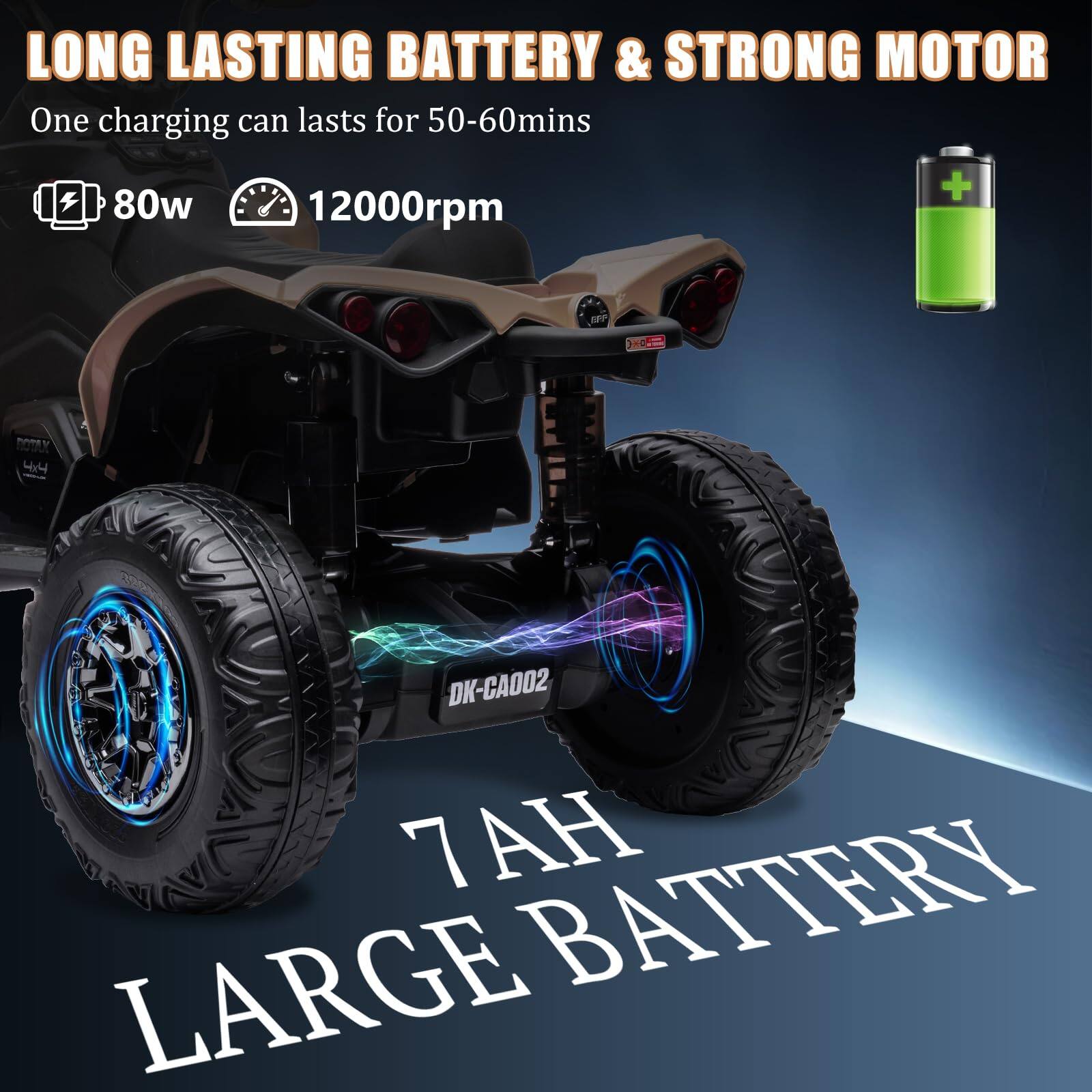 LONG LASTING BATTERY & STRONG MOTOR  
One charging can lasts for 50-60mins  
80w 12000rpm  
7AH LARGE BATTERY  
DK-CA002