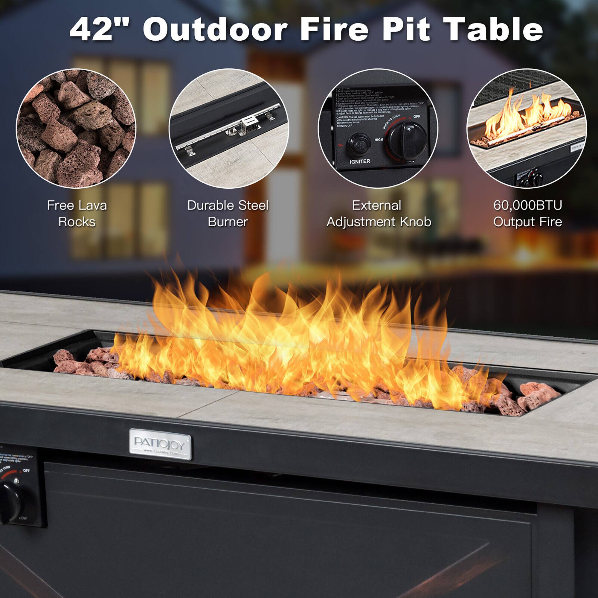 42" Outdoor Fire Pit Table - Free Lava Rocks - Durable Steel Burner - External Adjustment Knob - 60,000BTU Output Fire - PATIOJOY