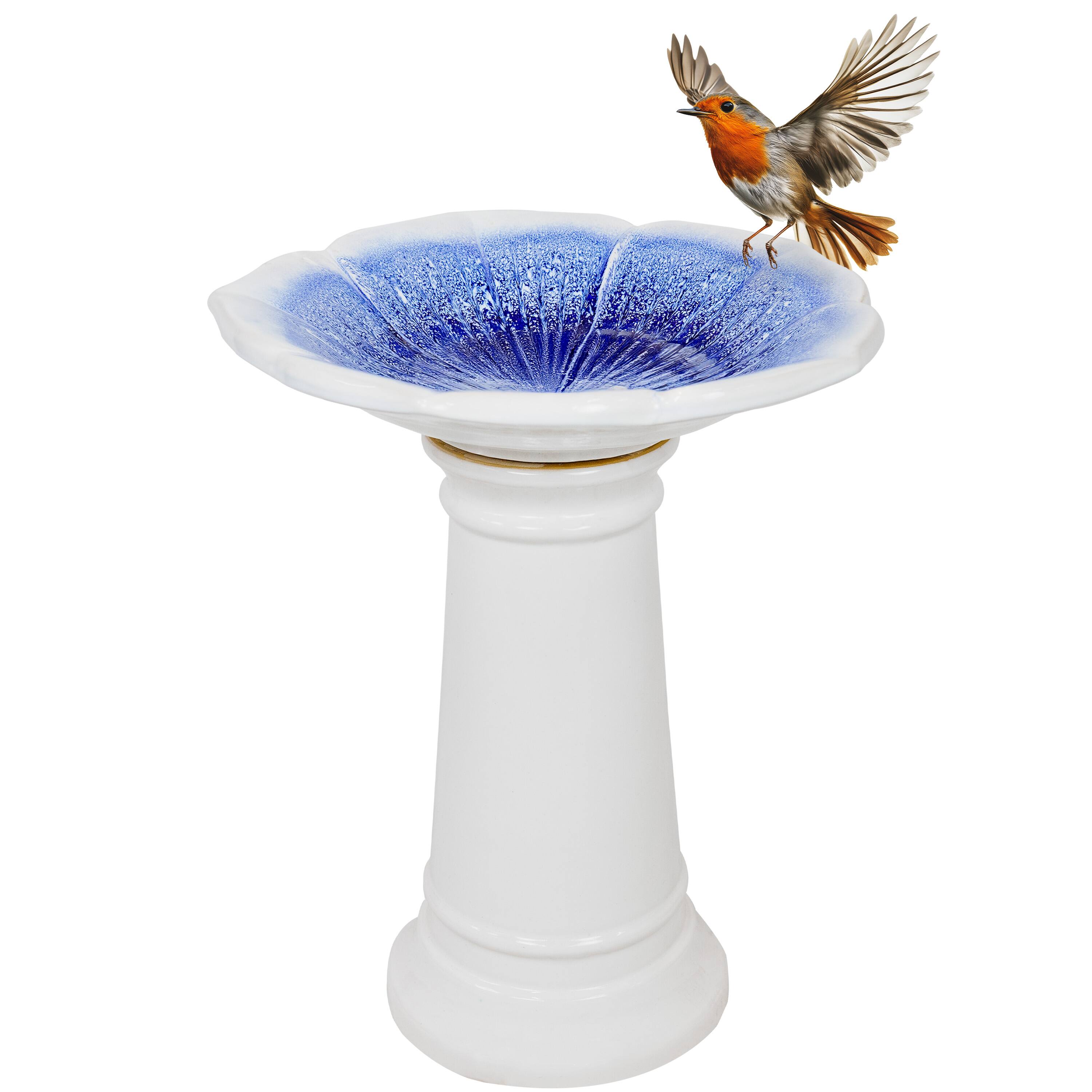 Alt View 5. Sunnydaze - Misty Blossom Ceramic Outdoor Bird Bath - White and Blue.