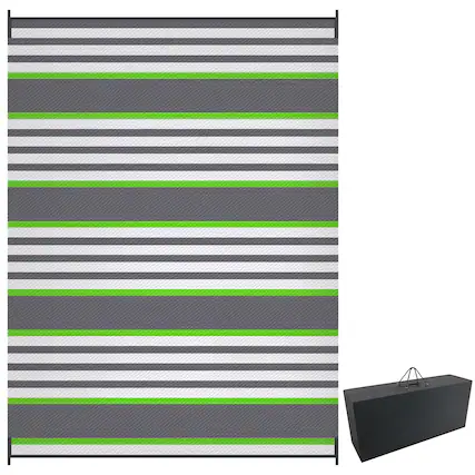 Front. Outsunny - Reversible Outdoor Rug, 9' x 12' Waterproof Plastic Straw Floor Mat, Portable RV Camping Carpet - Green and Gray Stripes.