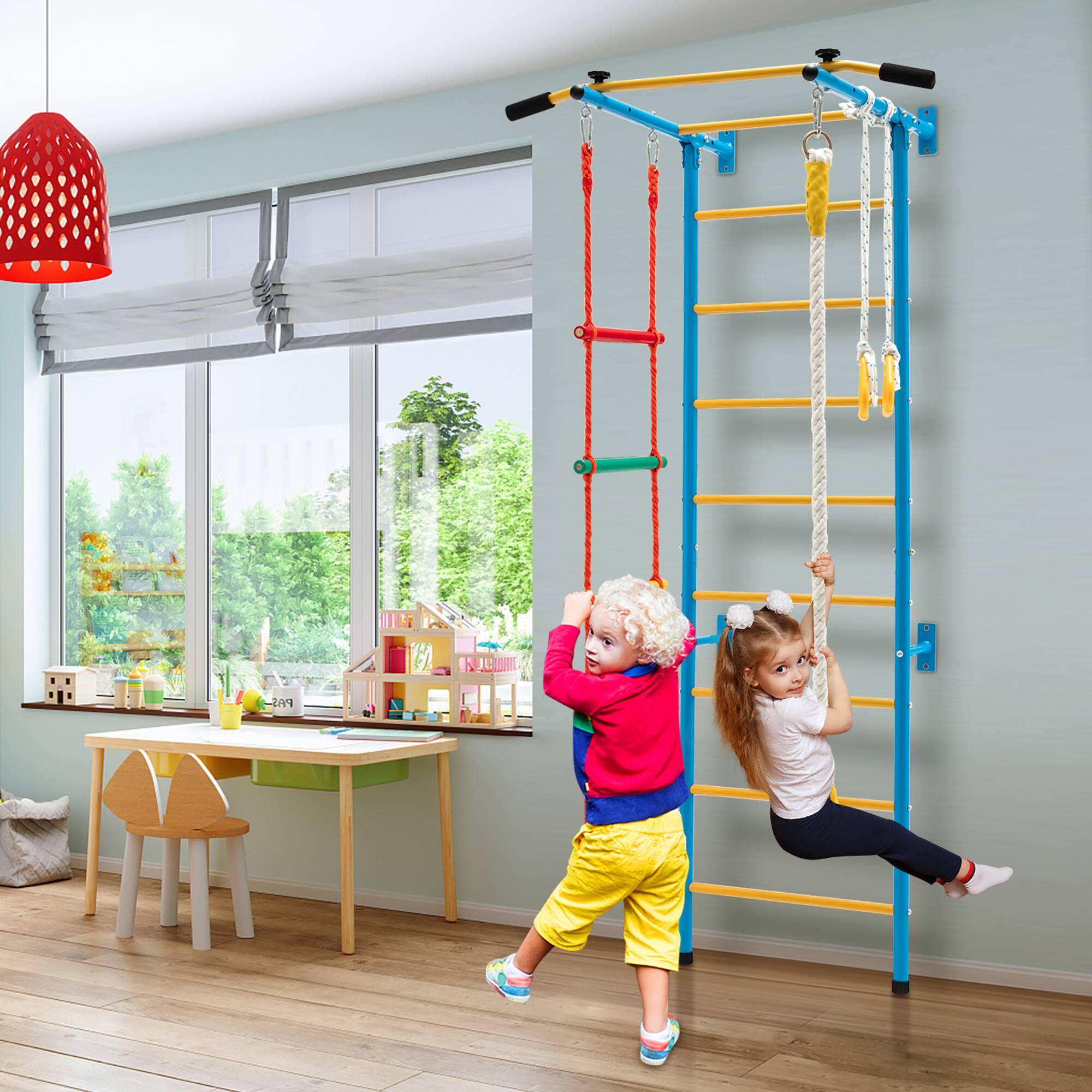 Alt View 1. Costway - Costway 5 in 1 Kids Indoor Gym Playground Swedish Wall Ladder Children Home Climbing Gym Solid Wall Set Up - Multicolor.