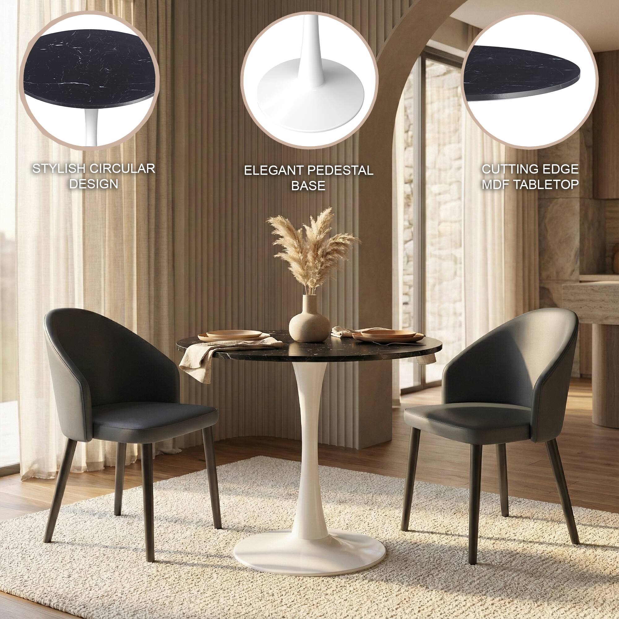 STYLISH CIRCULAR DESIGN  
ELEGANT PEDESTAL BASE  
CUTTING EDGE MDF TABLETOP