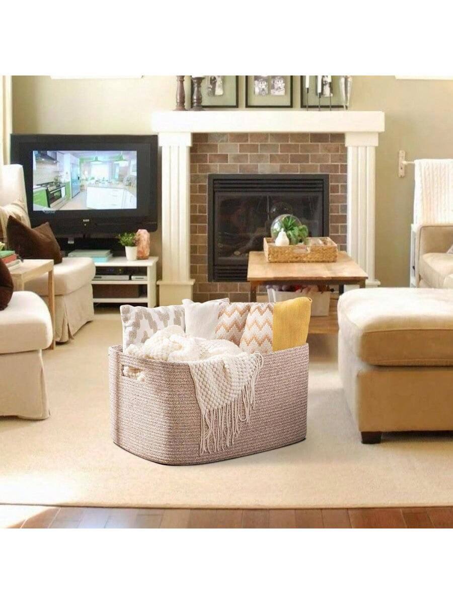 Alt View 8. Live At Space - 75L Large Woven Cotton Rope Storage Basket with Handle Organizing Blanket and Toys Living Room, Nursery, Brown - Brown Spotted + 22\.