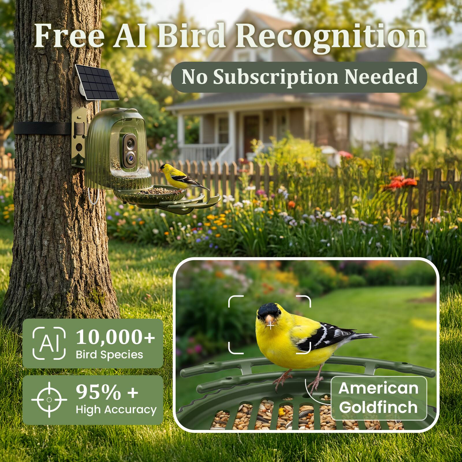 Free AI Bird Recognition  
No Subscription Needed  

10,000+ Bird Species  
95% + High Accuracy  

American Goldfinch