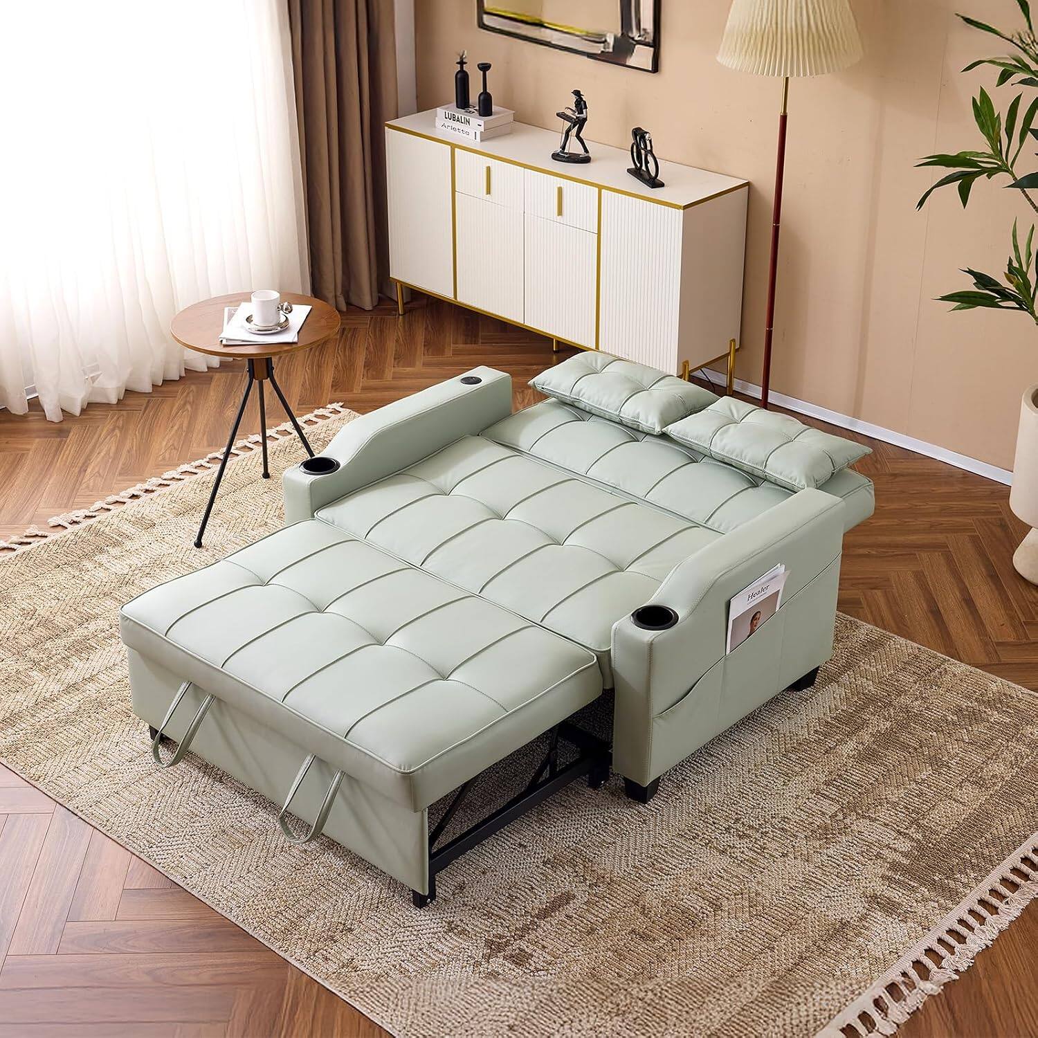 Alt View 8. Winado - Convertible Loveseat Sofa Sleeper Bed Daybed Pullout Fold Out with USB Ports, Cup Holders, Armrest for Living Room - Light Green.