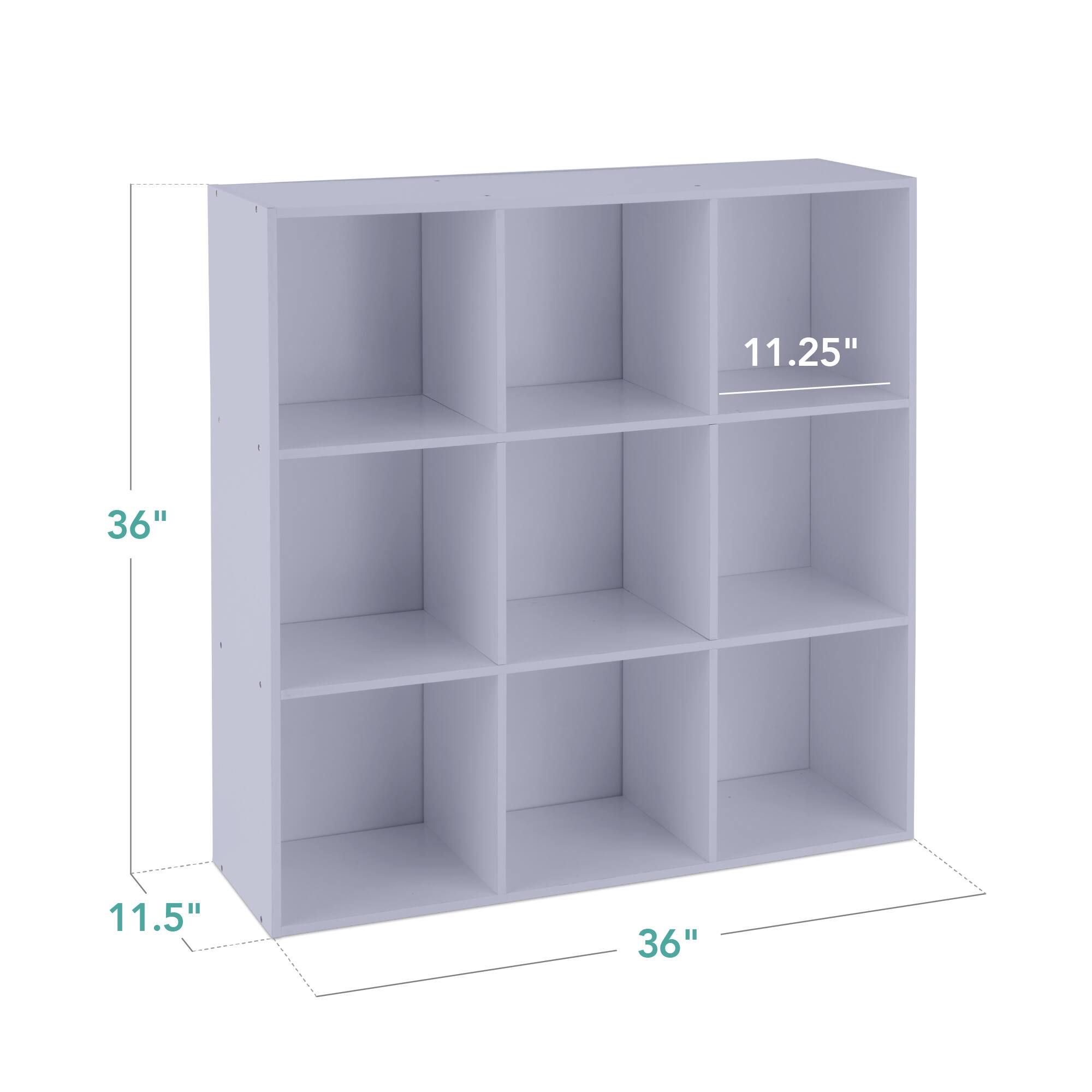 The dimensions of the shelf are:

- Height: 36"
- Width: 36"
- Depth: 11.25"