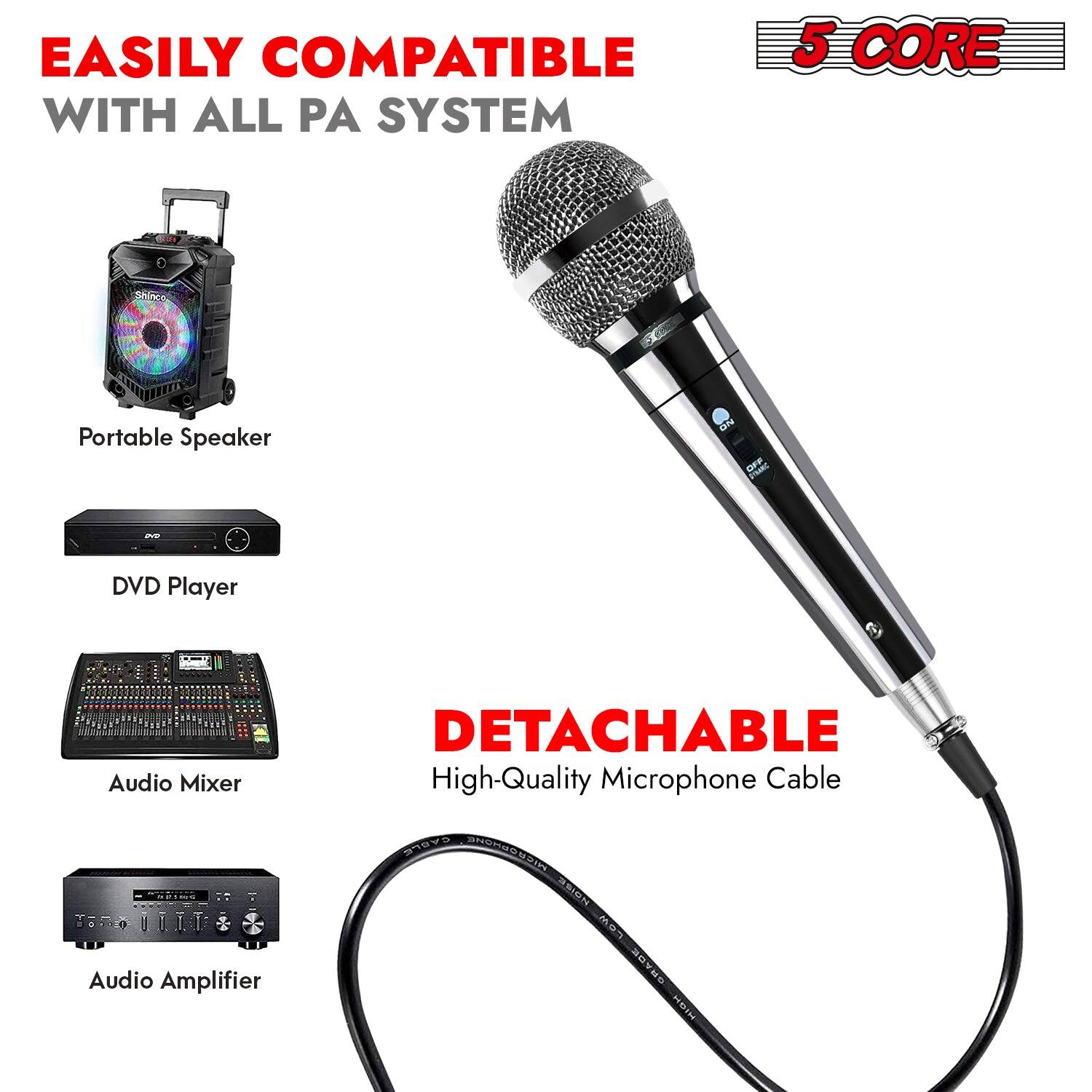 Easily compatible with all PA system. 5-core portable speaker, DVD player, audio mixer, audio amplifier, detachable high-quality microphone cable.