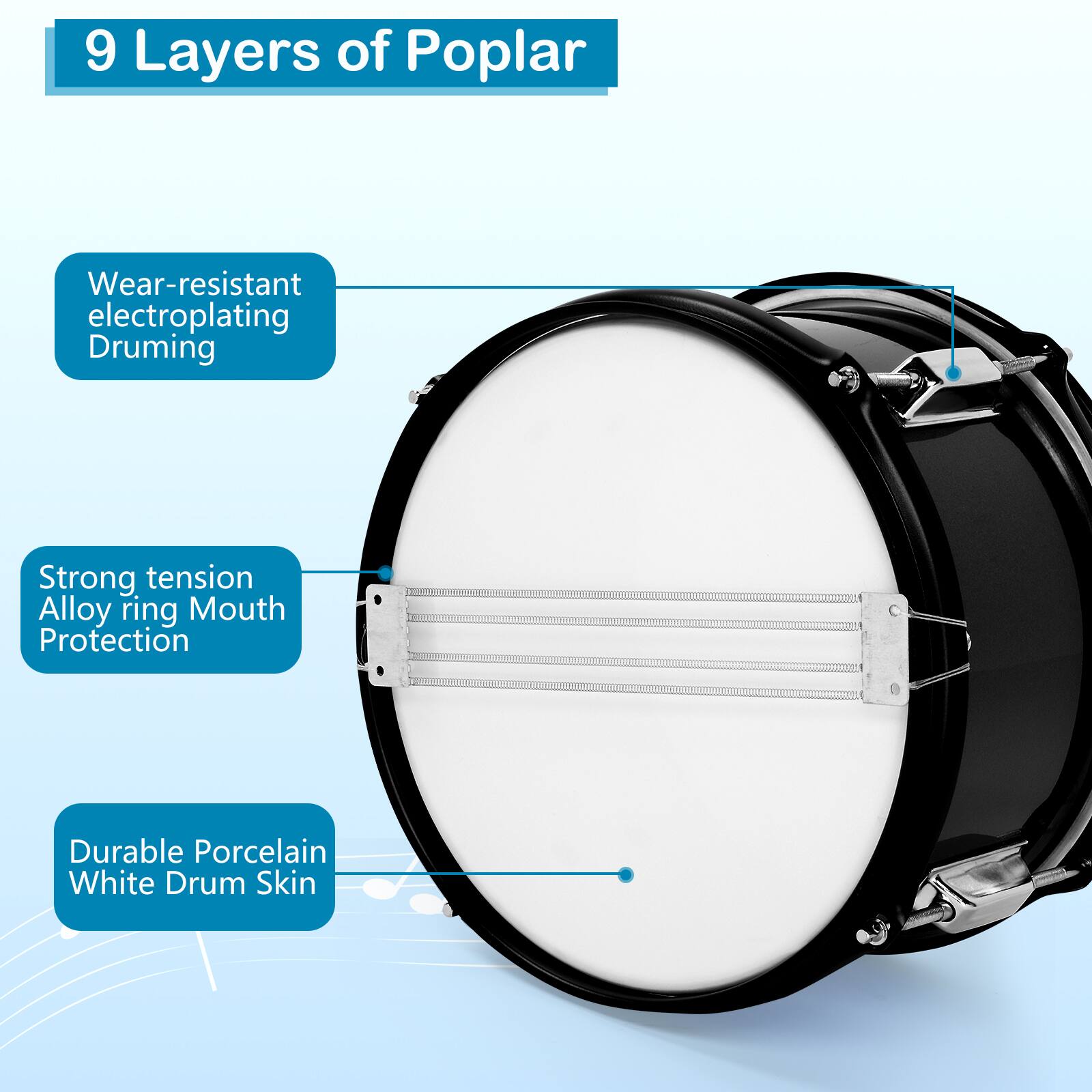 9 Layers of Poplar  
Wear-resistant electroplating Druming  
Strong tension Alloy ring Mouth Protection  
Durable Porcelain White Drum Skin