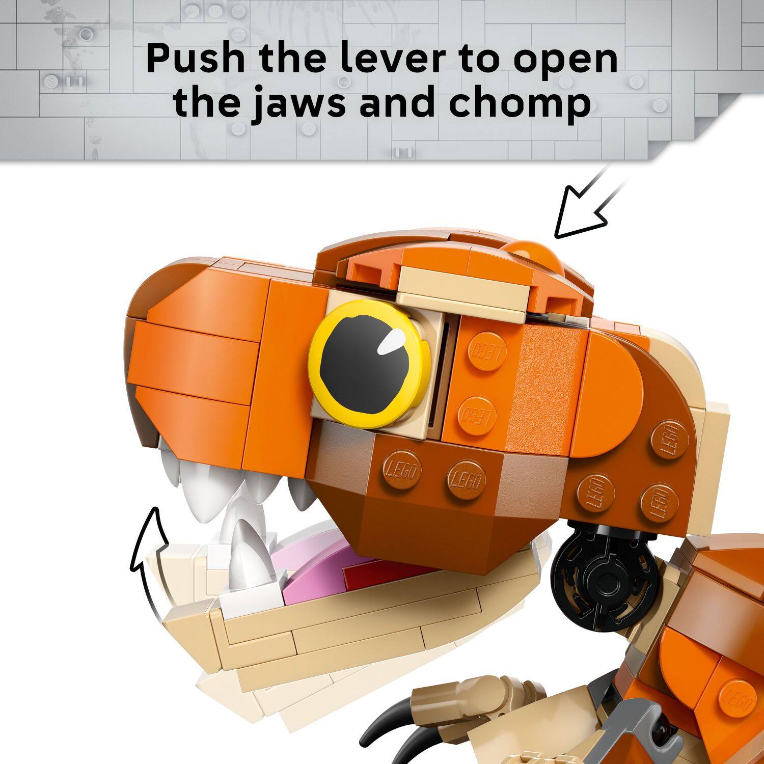 Push the lever to open the jaws and chomp.
