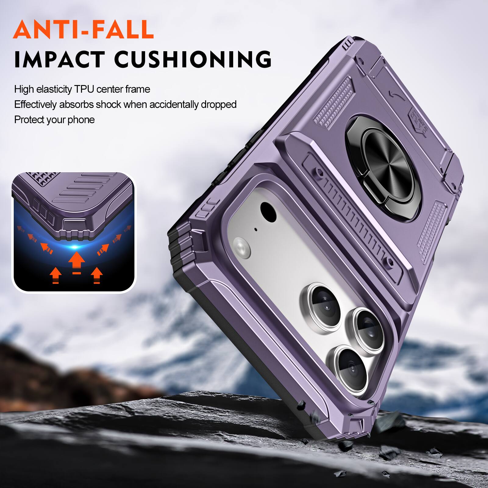 ANTI-FALL IMPACT CUSHIONING

High elasticity TPU center frame
Effectively absorbs shock when accidentally dropped
Protect your phone