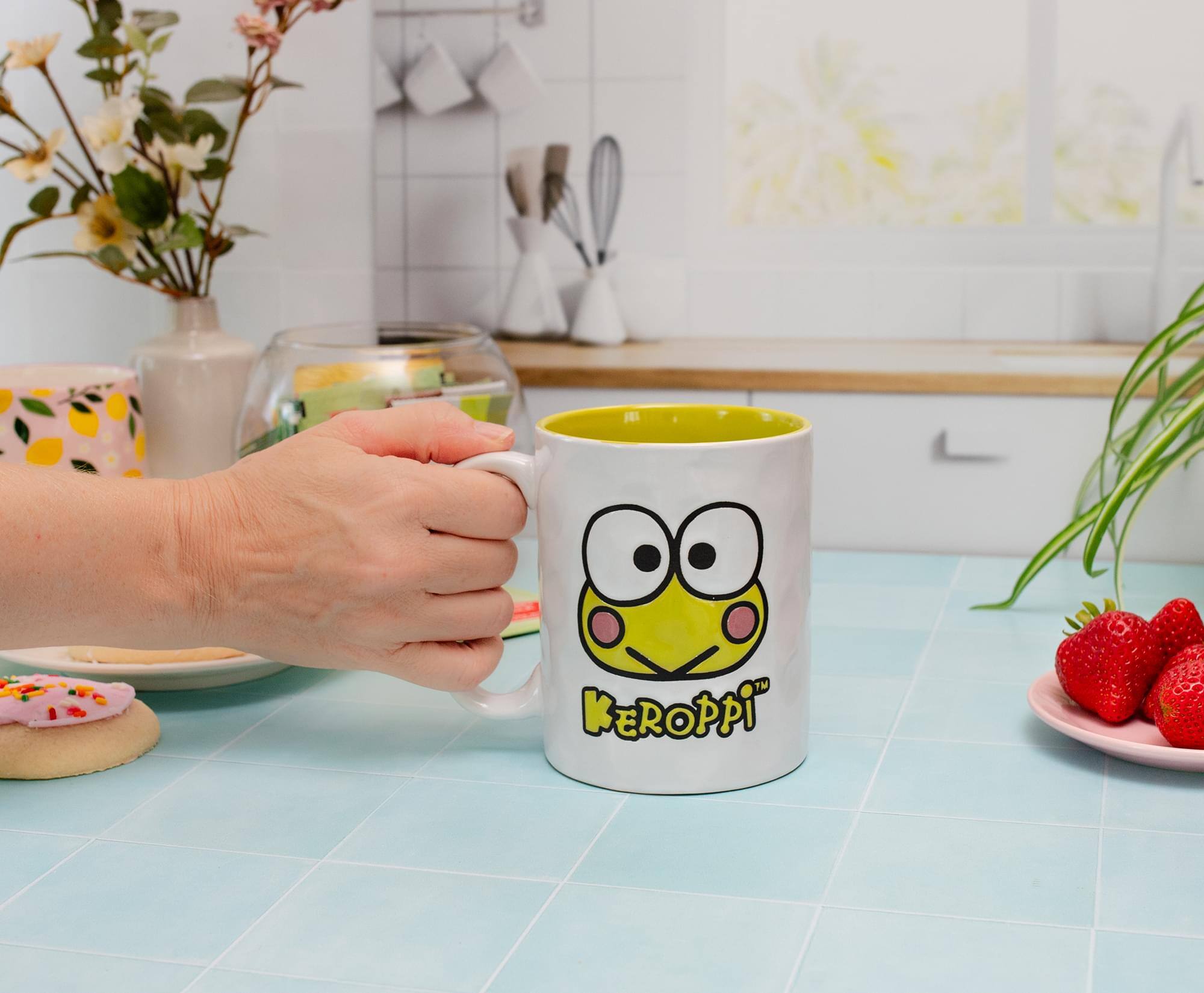 Alt View 3. Silver Buffalo - Sanrio Keroppi Face Wax-Resist Ceramic Pottery Mug | Holds 17 Ounces - White.