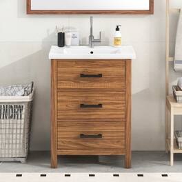 Boyel Living - 24 Inch Bathroom Vanity with Ceramic Sink 3 Drawers Natural Wood - Brown