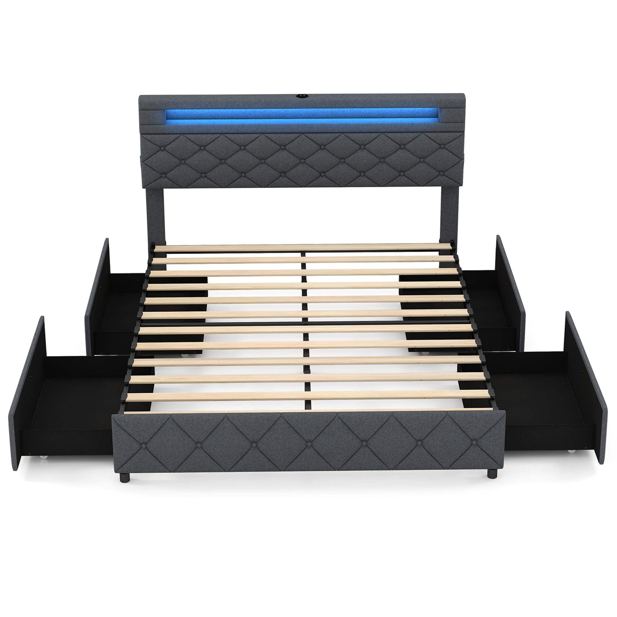 Front. Costway - Queen Size Bed Frame with Led Lights & Charging Station & Modern Upholstered Bed - Gray.