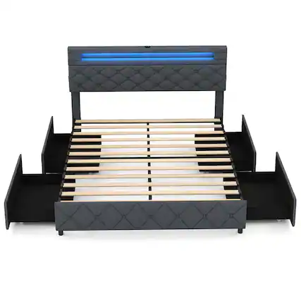 Front. Costway - Queen Size Bed Frame with Led Lights & Charging Station & Modern Upholstered Bed - Gray.