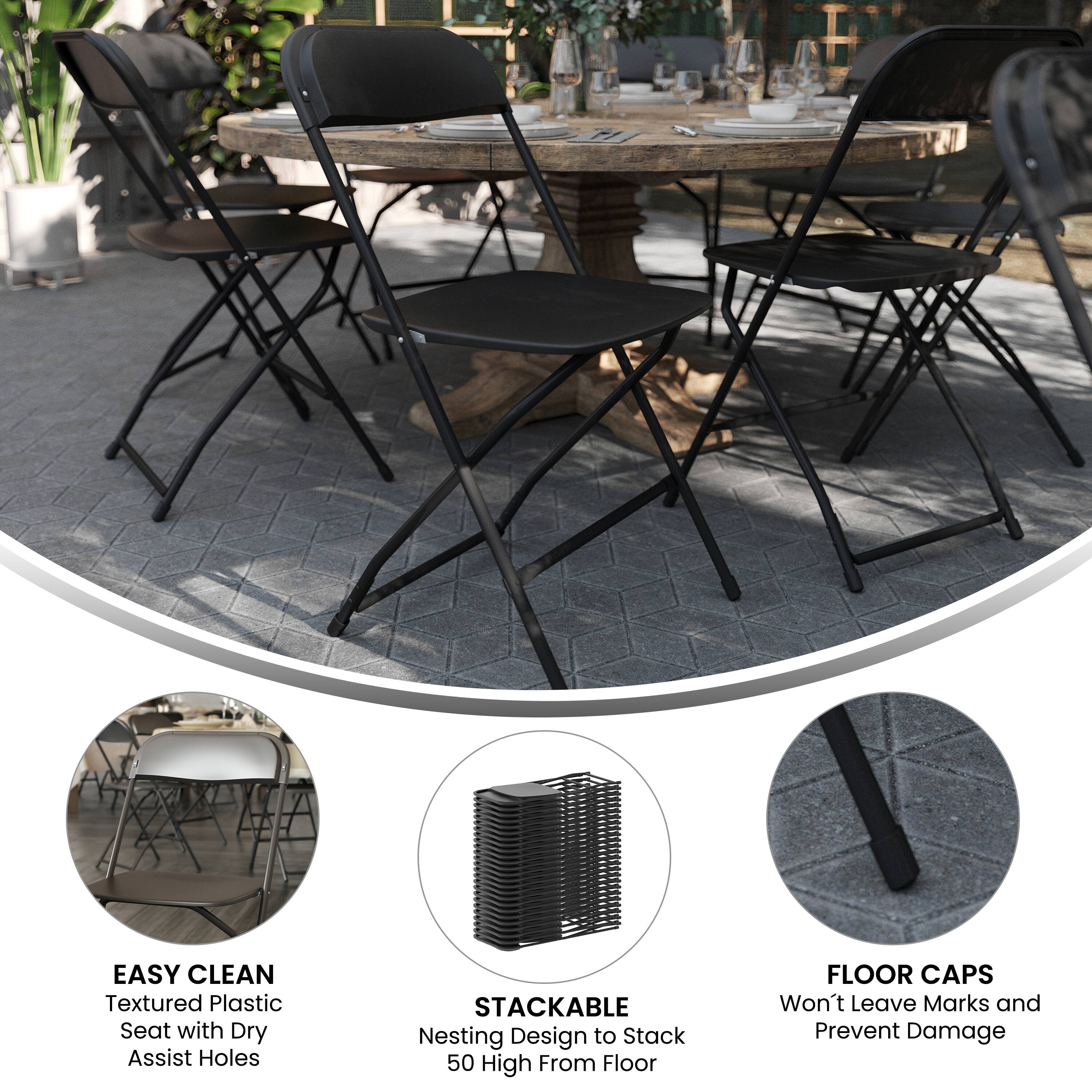 EASY CLEAN  
Textured Plastic Seat with Dry Assist Holes  

STACKABLE  
Nesting Design to Stack 50 High From Floor  

FLOOR CAPS  
Won't Leave Marks and Prevent Damage