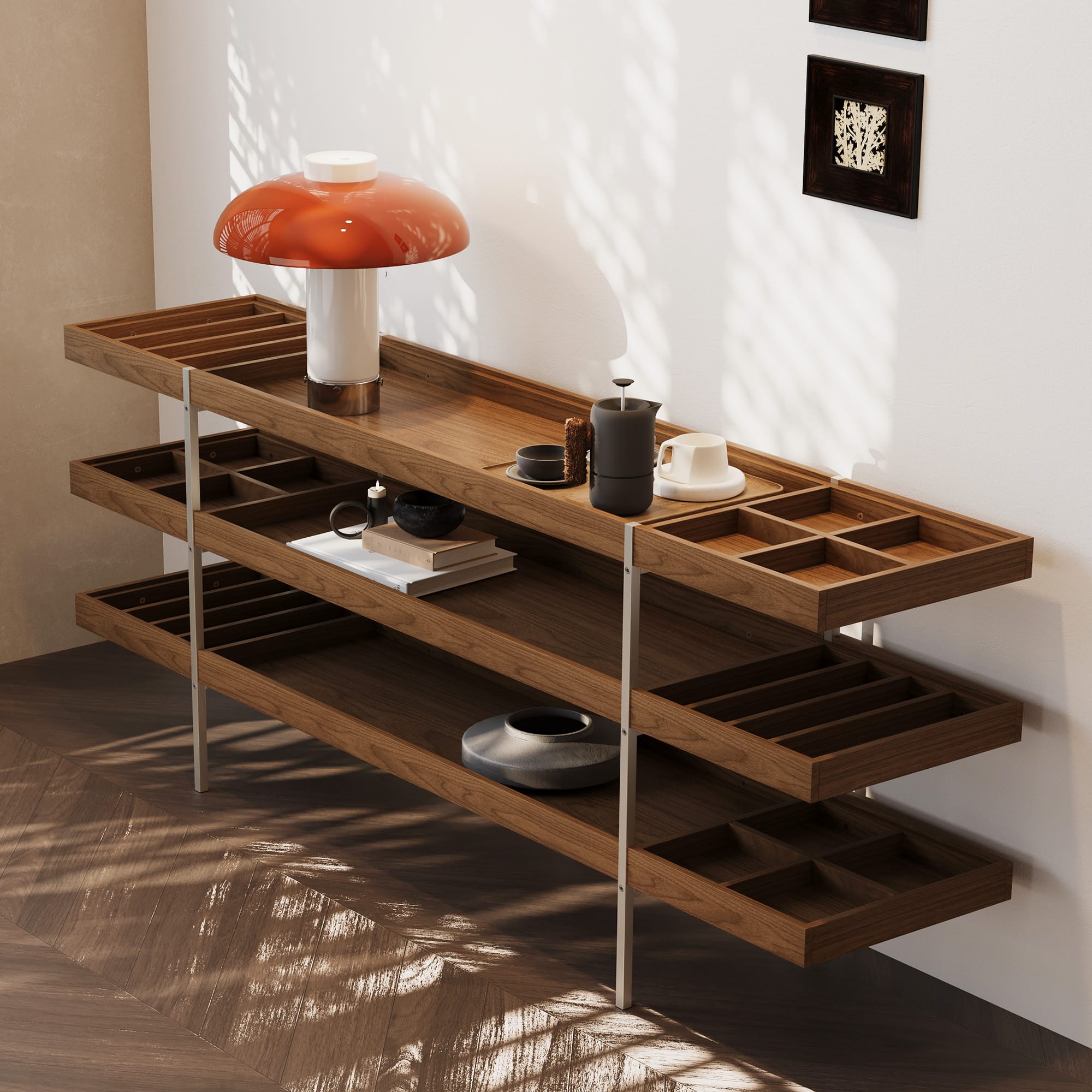 luck idea - 78.74 Inch Display Shelf With Stainless Steel Brackets, Multi-functional Storage Rack For Living Room & Dining Room - Walnut Color