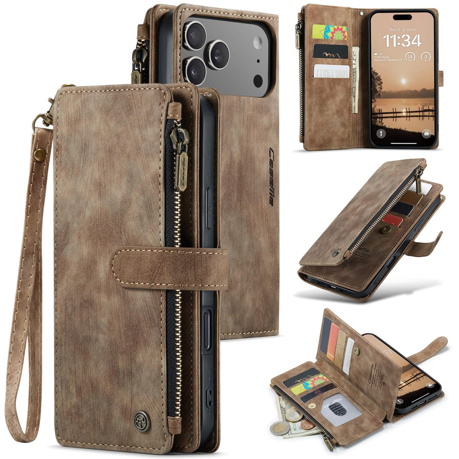 UUCOVER - Magnetic Flip Wallet Case for Apple iPhone 18 Pro with Zipper Pocket, Card Slot Cash Holder and Wrist Strap, Stand Cover - Brown
