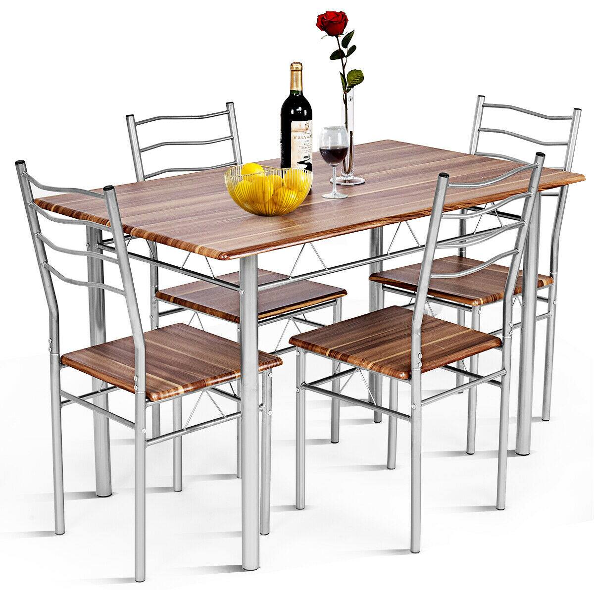 Alt View 15. Costway - 5 Piece Dining Table Set Wood Metal Kitchen Breakfast Furniture with 4 Chair Walnut - Walnut.