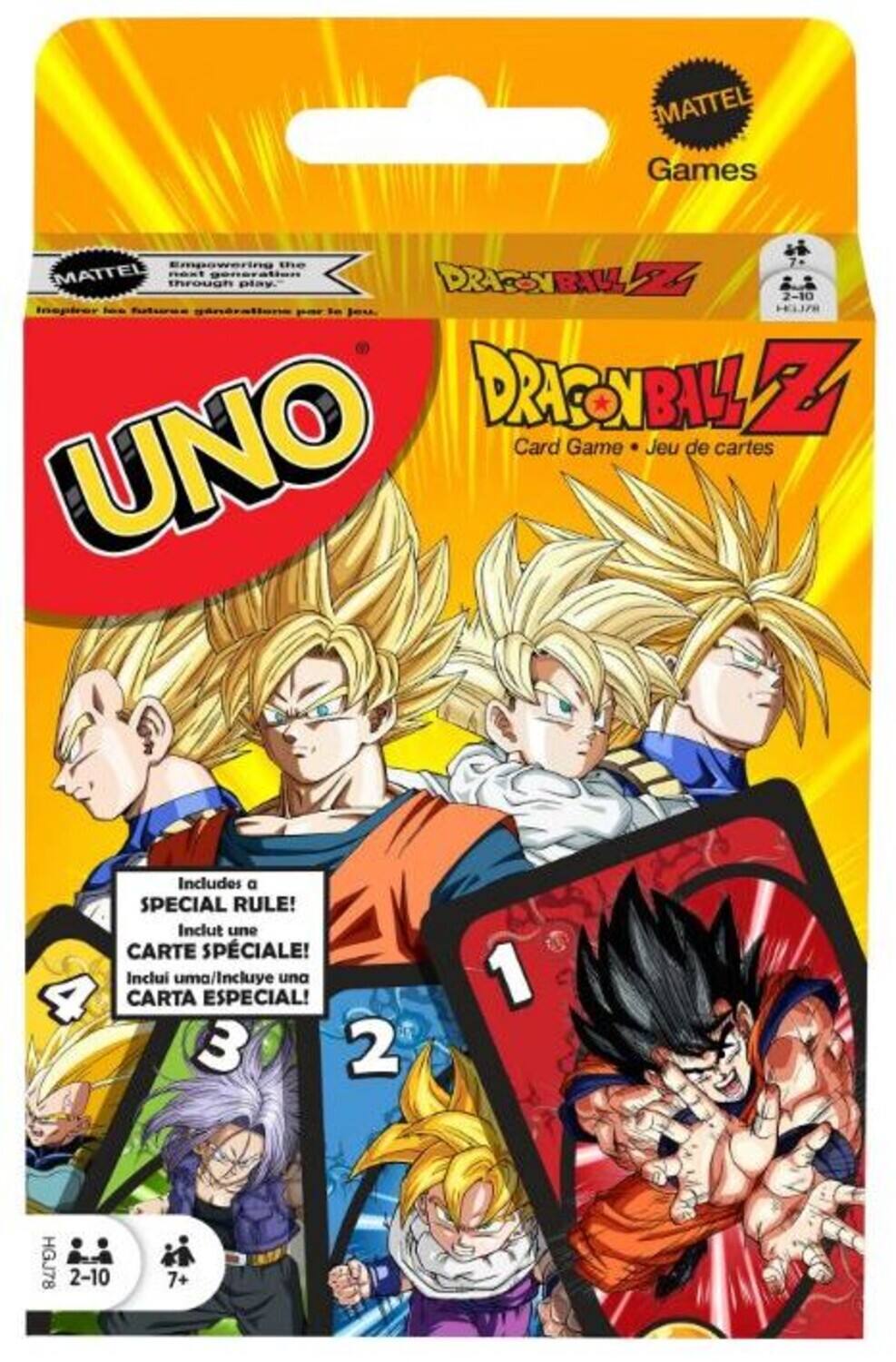 MATTEL Games  
Empowering the MATTEL through Icon generation play.  

DRAGON BALL Z  
UNO  
Card Game • Jeu de cartes  

Includes a SPECIAL RULE!  
Inclut une CARTE SPÉCIALE!  
Inclui una/Incluye una CARTA ESPECIAL!  

2-10  
7+  

MATTEL Games  
DRAGON BALL Z  
UNO  
Card Game • Jeu de cartes  

Includes a SPECIAL RULE!  
Inclut une CARTE SPÉCIALE!  
Inclui una/Incluye una CARTA ESPECIAL!  

2-10  
7+