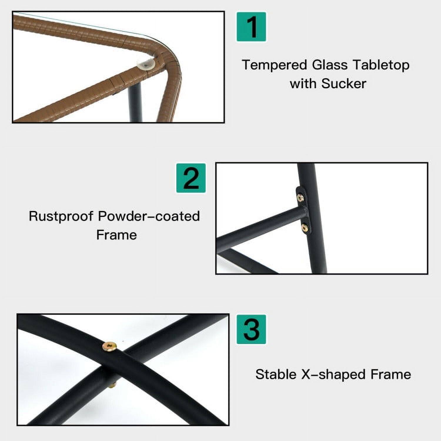 1. Tempered Glass Tabletop with Sucker  
2. Rustproof Powder-coated Frame  
3. Stable X-shaped Frame