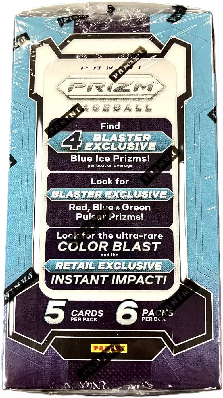 PANINI PRIZM BASEBALL

Find 4 BLASTER EXCLUSIVE Blue Ice Prizms! per box, on average

Look for BLASTER EXCLUSIVE Red, Blue & Green Pulsar Prizms!

Look for the ultra-rare COLOR BLAST and the RETAIL EXCLUSIVE INSTANT IMPACT!

5 CARDS 6 PACKS PER BOX
