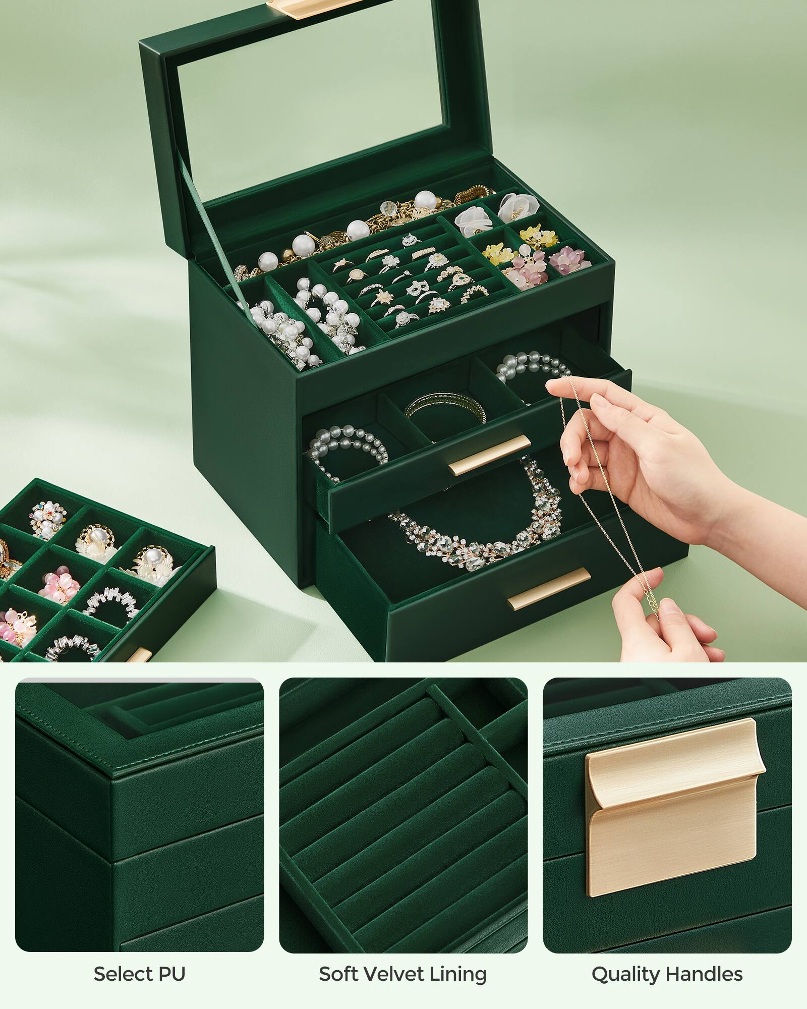 Select PU  
Soft Velvet Lining  
Quality Handles