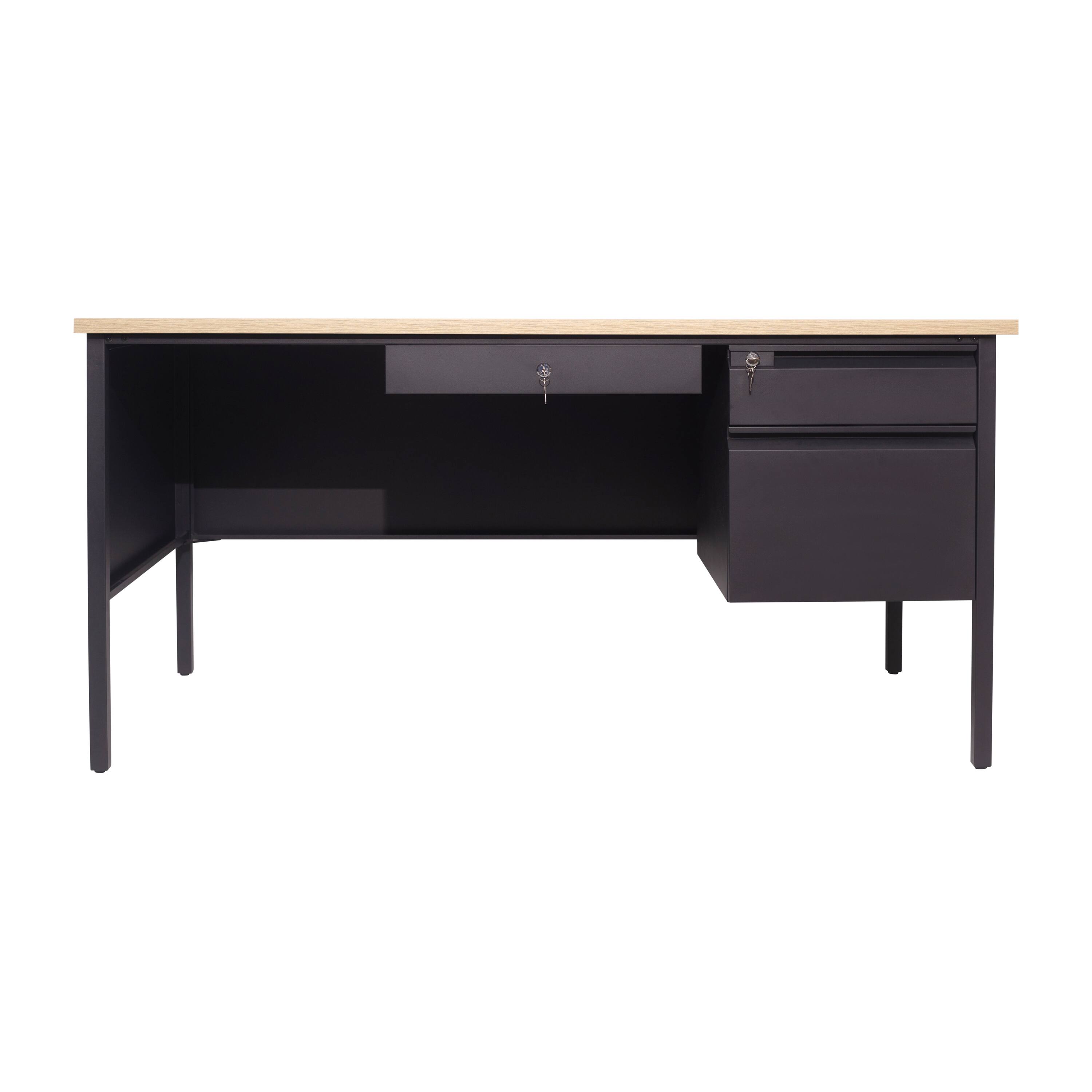Angle. Flash Furniture - Cambridge Commercial Grade 30x60 Right Side Single Pedestal Desk with 3 Locking Drawers, White Oak Top and Black Frame - Brown.