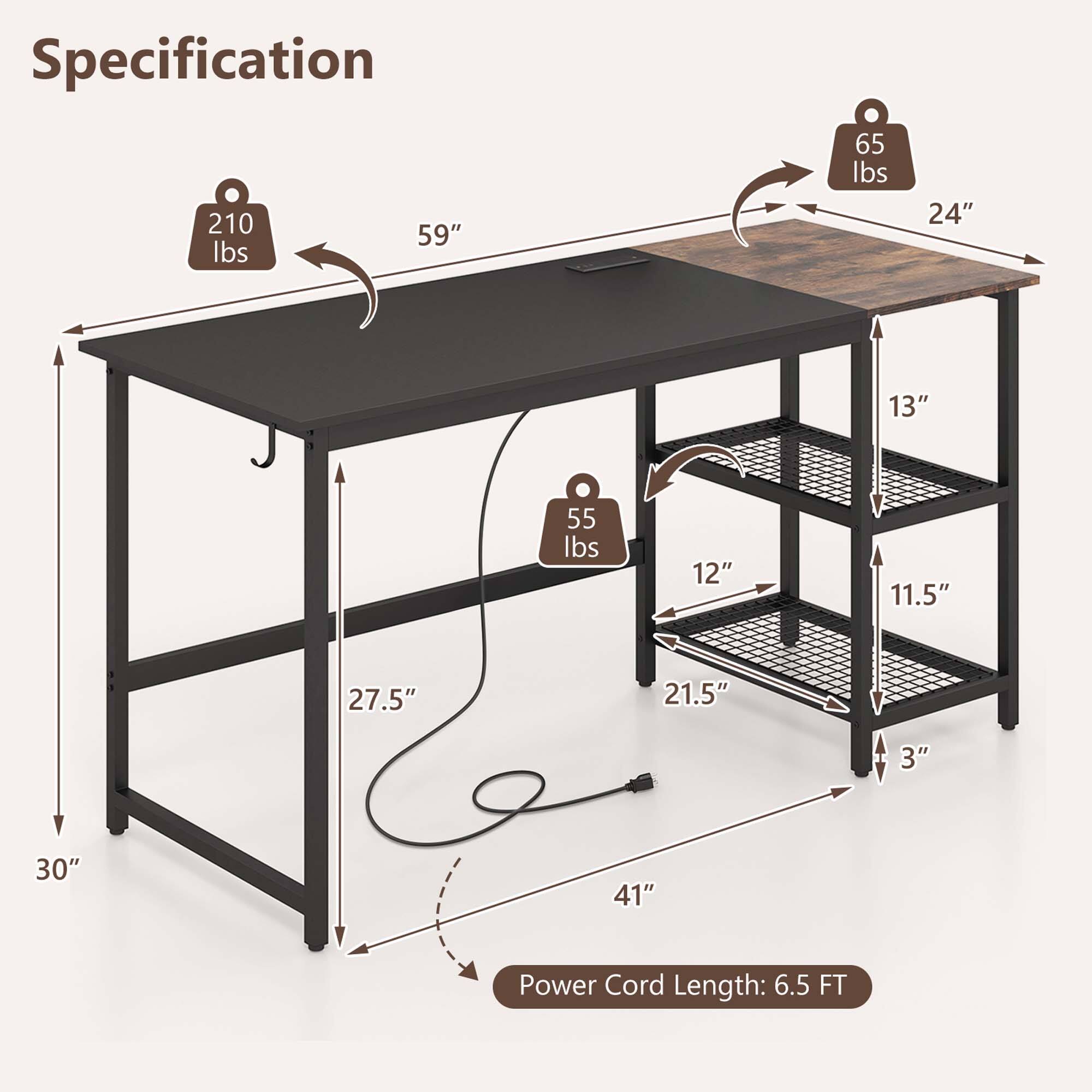 Specification:
- 210 lbs weight capacity
- 65 lbs weight capacity for the shelf
- 24" x 13" table top
- 12" x 11.5" shelf
- 55 lbs weight capacity for the shelf
- 27.5" x 21.5" table top
- 3" x 30" x 41" table top
- 6.5 FT power cord length