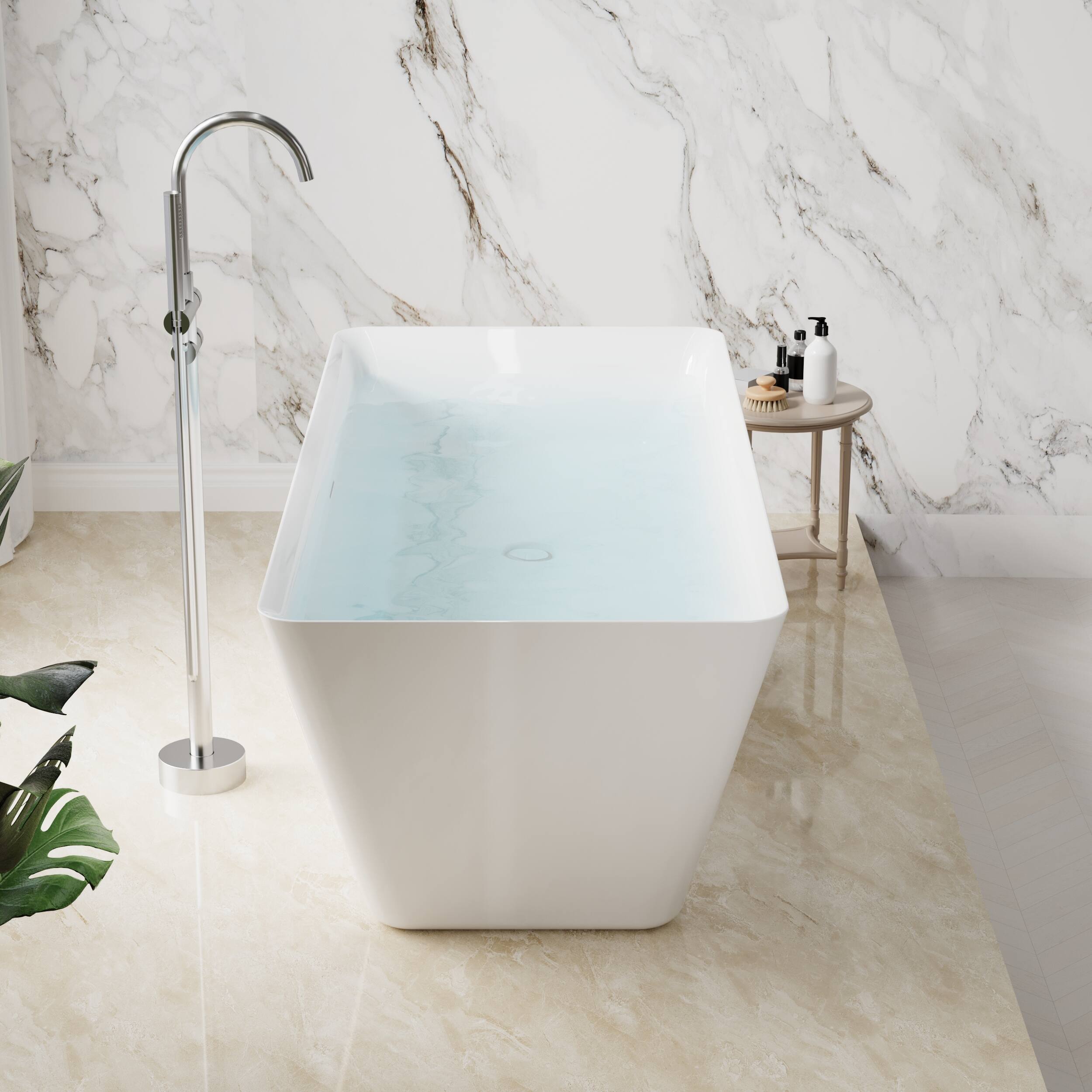 Left. WELLFOR - Square 66 in. Acrylic Flat Bottom Double Ended Freestanding Soaking  Bathtub with Drain and Overflow - White.