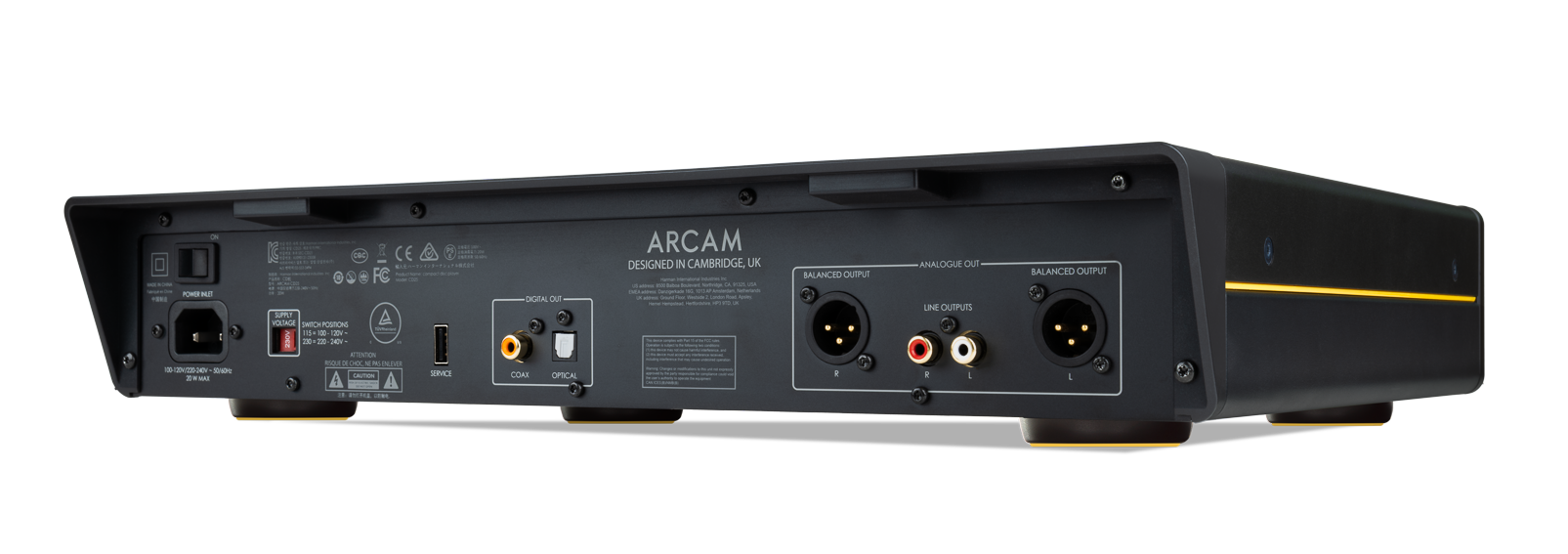 POWER  
CBC SUPPLY VOLTAGE SWOO POSTION 16 00 204 220 10  
DIGITAL OUT  
ARCAM DESIGNED IN CAMBRIDGE, UK  
BALANCED OUTPUT  
ANALOGUE OUT LINE OUTPUTS  
BALANCED OUTPUT  
20 W MAX  
ATTENTION XX CAUTION  
SERVICE  
COAX  
OPTICAL  
2  
R  
L