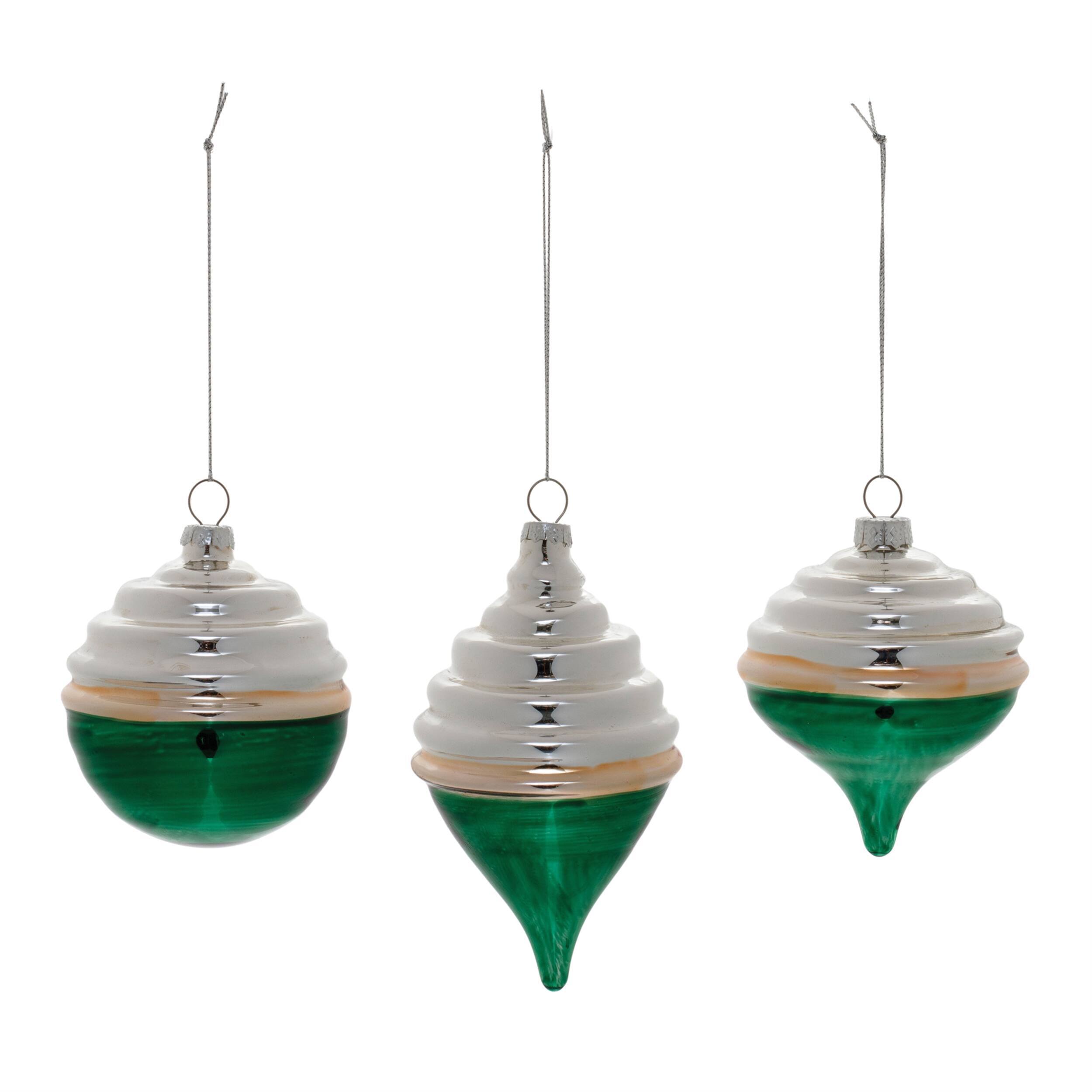 Angle. BreeBe - Two-Tone Tiered Glass Ornament (Set of 12) - Green, Silver.