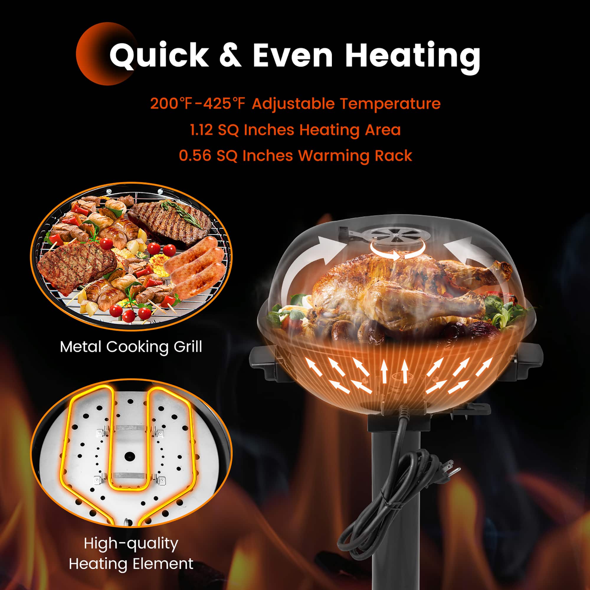 Quick & Even Heating: 200F-425F Adjustable Temperature, 1.12 SQ Inches Heating Area, 0.56 SQ Inches Warming Rack, Metal Cooking Grill, High-quality Heating Element.