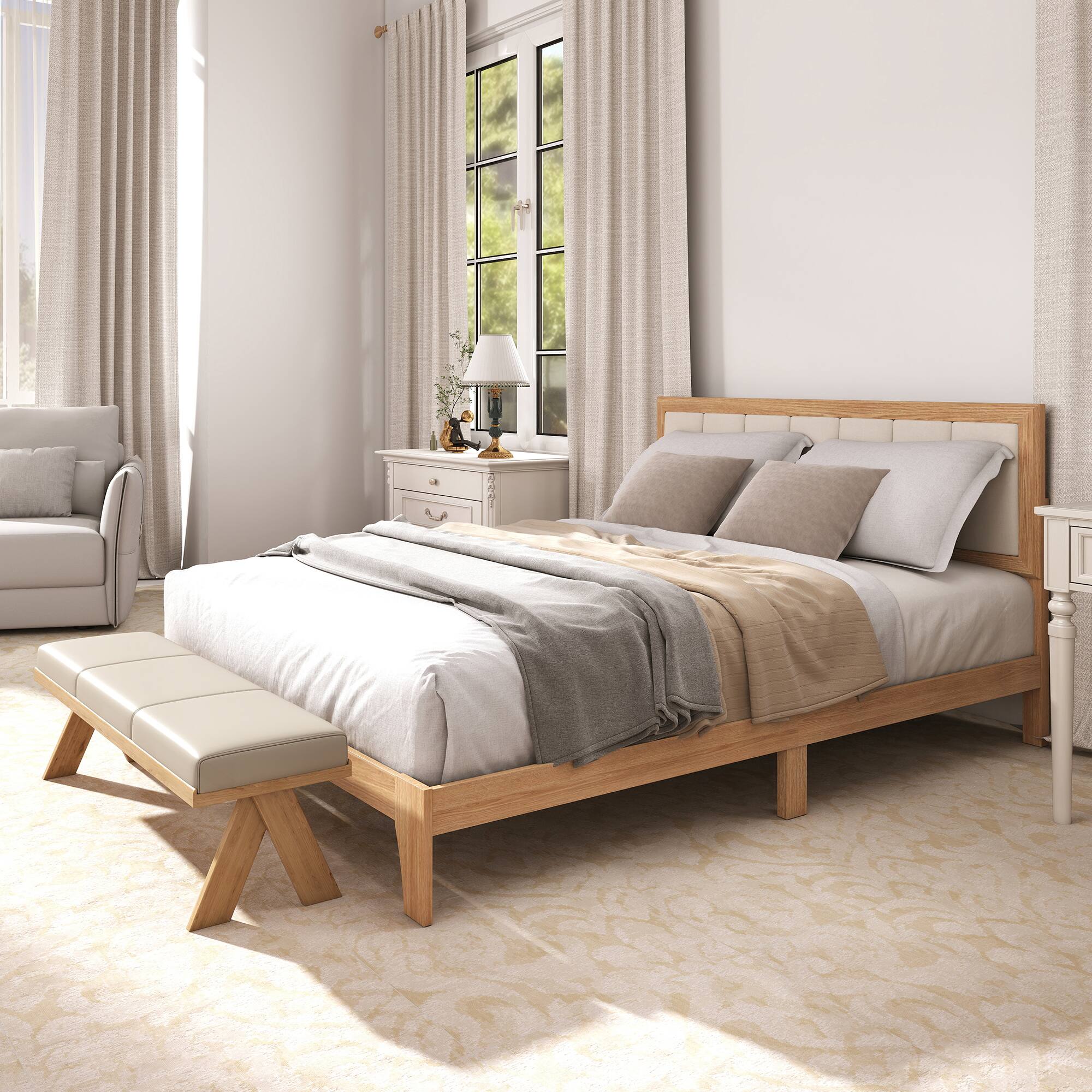 Alt View 1. Homcom - Bed Frame with Headboard Queen Platform Bed Frame with Wooden Slats No Box Spring Needed Easy Assembly - Natural.