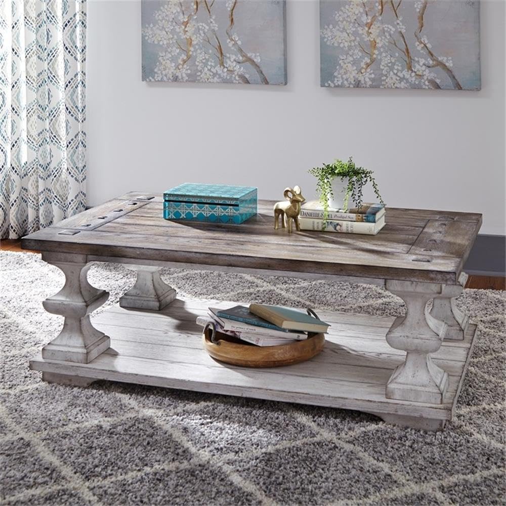 Angle. Liberty Furniture Industries - Sedona Cocktail Table in Heavy Distressed White w/ Gravel Top - White.