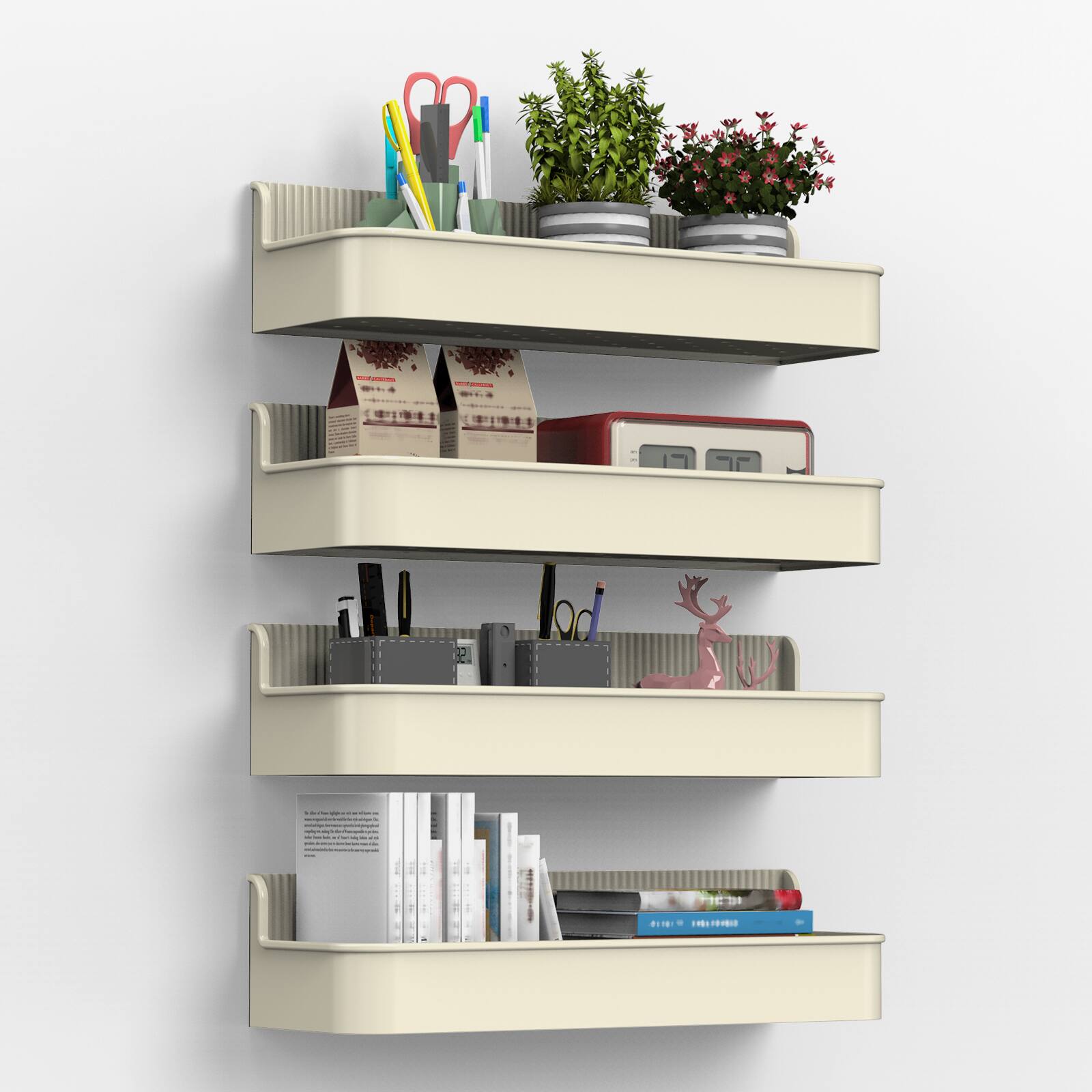Front. Oumilen - 4-Pack Magnetic Storage Organizer Bins, 11.81 x 4.14 x 2.76in No-Drill Wall Mount Baskets for Fridge Microwave Office - Beige.