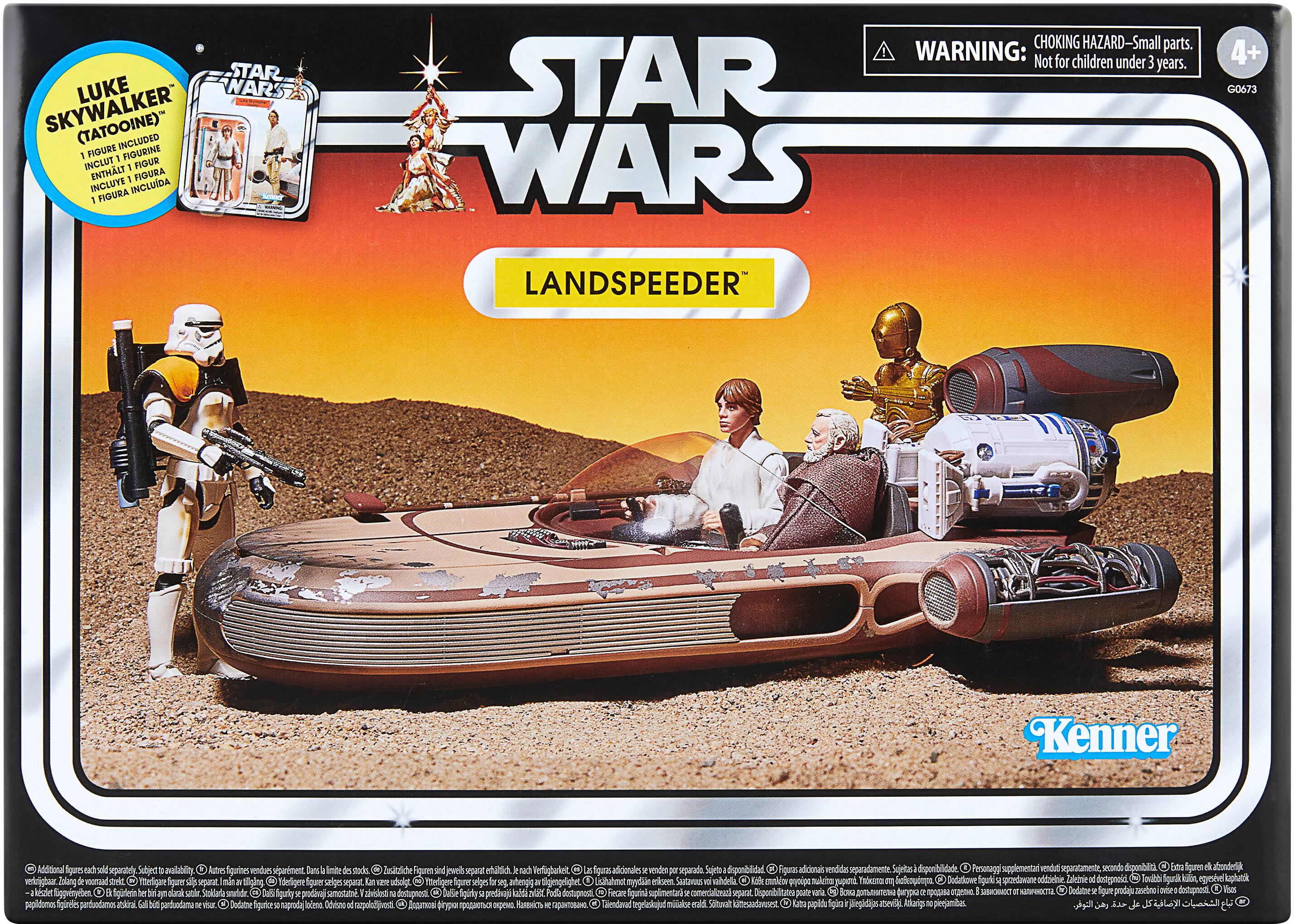 STAR WARS - LANDSPEEDER (TATOOINE) INCLUDED FIGURINE INCLUDED FIGURINE CHOKING HAZARD - Small parts. WARNING: Not for children under 3 years. STAR WARS 4+ G0673 LANDSPEEDER Kenner Additional figures sold separately. Subject to change. Autographs and collectible figurines not included. Suitable for ages 4+. Personages supplementaires vendus séparément.