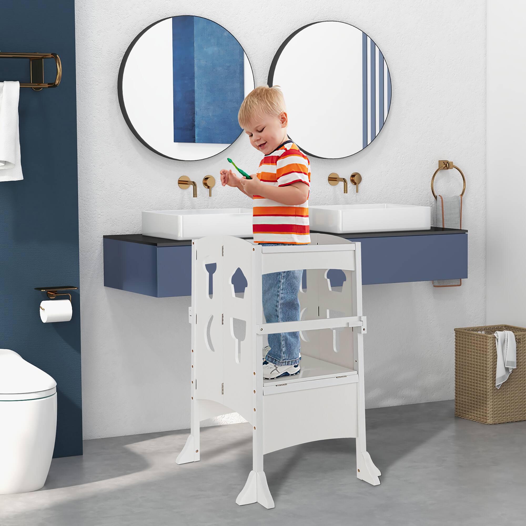 Alt View 1. Costway - Costway Folding Kitchen Kids Step Ladder Stool Wooden Toddler Safety Tower Helper - White.