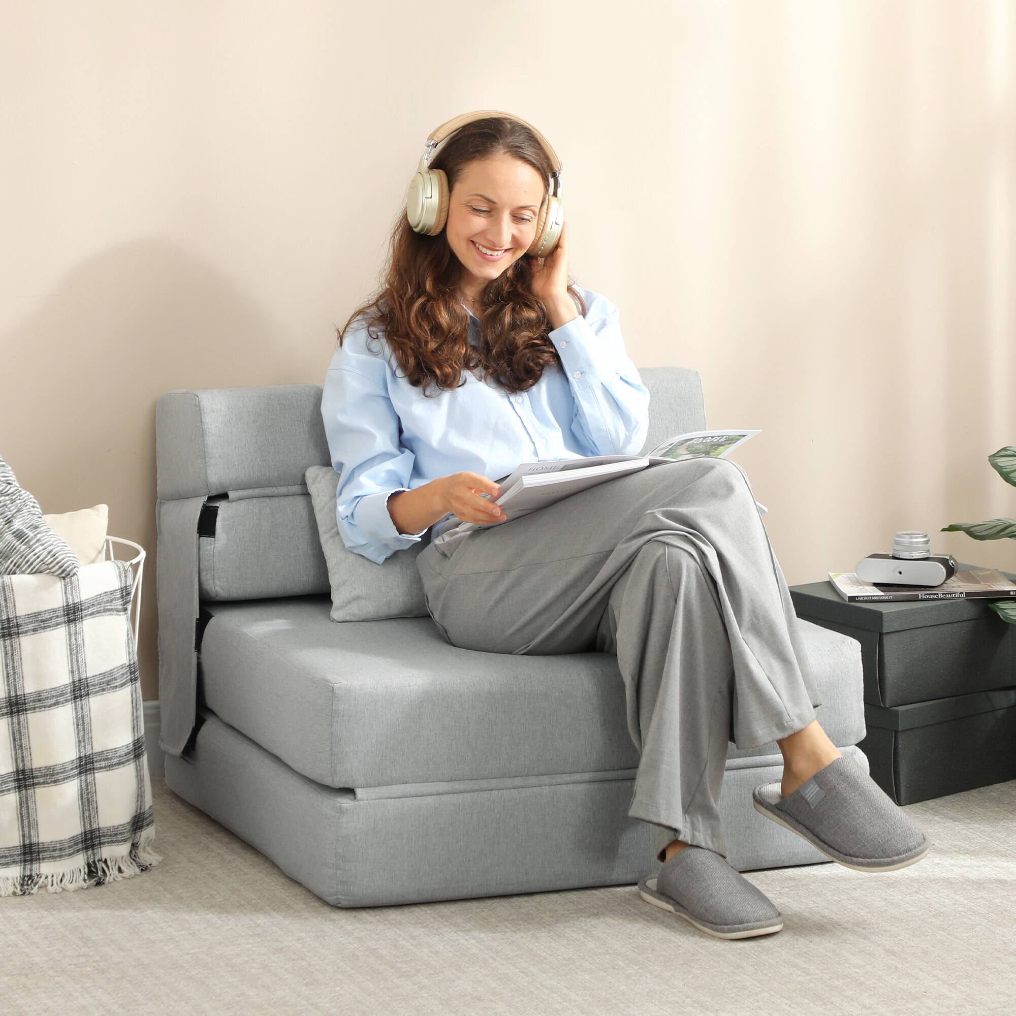 Alt View 1. Homcom - Folding Sofa Bed, Sleeper Chair with Pillow, Modern Linen Convertible, Fold Out Futon - Gray.