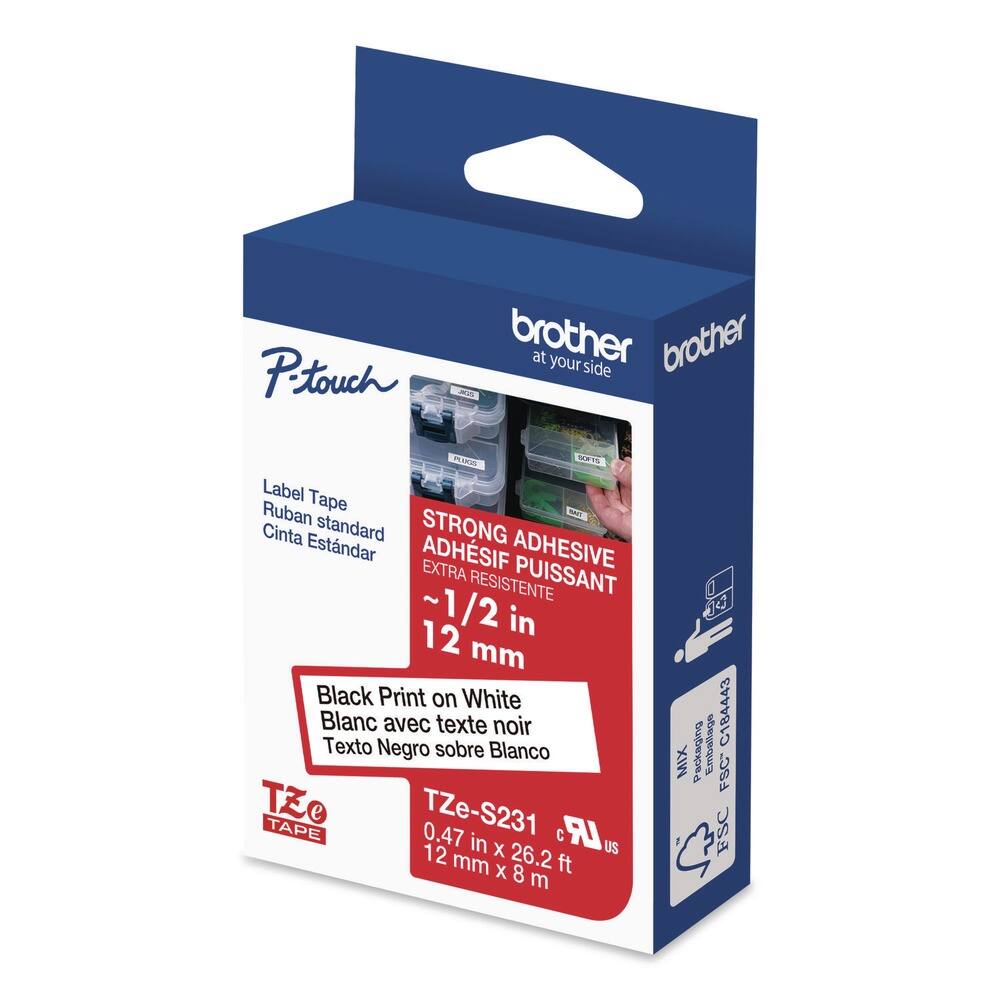 - Brother at your side
- P-touch
- Label Tape
- Ruban standard
- Cinta Estándar
- STRONG ADHESIVE
- ADHÉSIVE FORT
- EXTRA RESISTENTE
- ~1/2 in
- 12 mm
- Black Print on White
- Blanc avec texte noir
- Texto Negro sobre Blanco
- TZe-S231
- 0.47 in x 12 mm
- 26.2 ft x 8 m
- DC
- AmDaIAG
- C18443
- MIX Packaging
- F8C
- FSC C18443
- FSC
- 231
- US