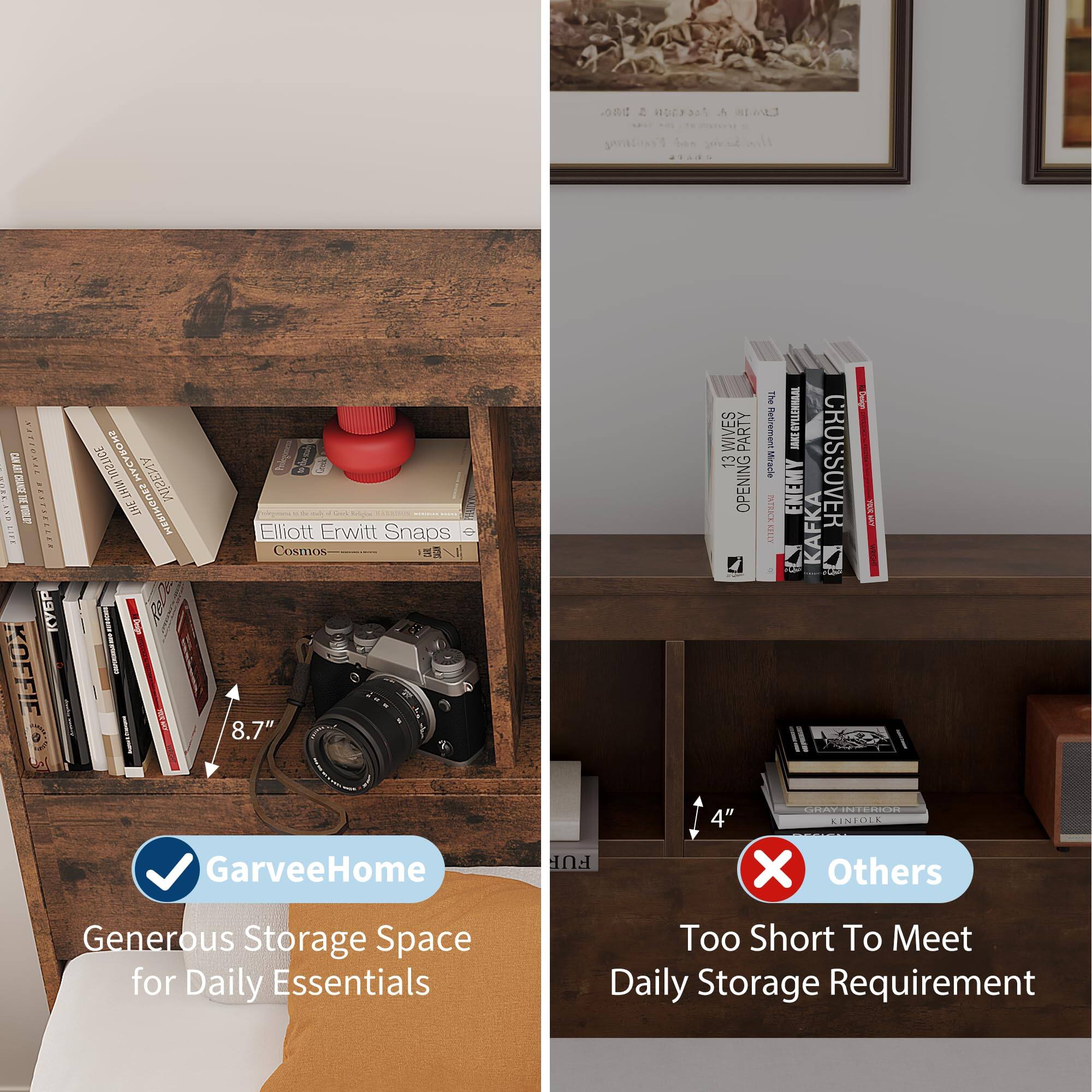 Sure, here is the corrected and grouped text from the image:

---

**Left Side:**

- GarveeHome
- Generous Storage Space for Daily Essentials
- 8.7"

**Right Side:**

- Others
- Too Short To Meet Daily Storage Requirement
- 4"

**Books Titles:**

- Elliott Erwitt Snaps
- Cosmos
- 13 WIVES PARTY
- OPENING
- CRUSSWELL
- KOFFEE
- GRAVITY INTERIOR
- LINOTE
- Others Too Short To Meet Daily Storage Requirement

---

This text is organized based on the visual layout and content of the image.