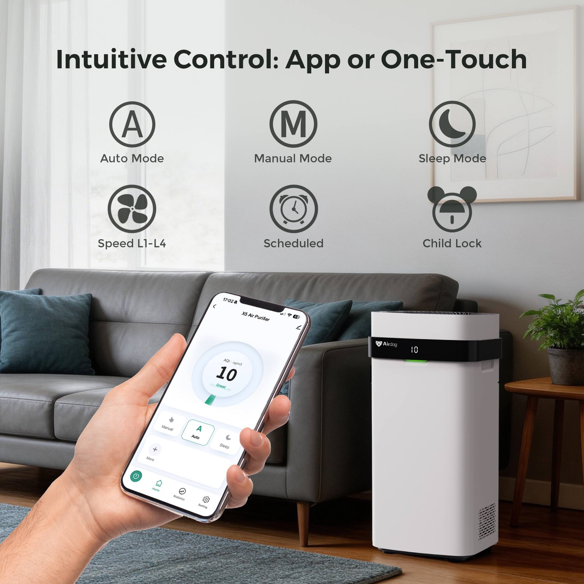 Intuitive Control: App or One-Touch  
A Auto Mode  
M Manual Mode  
Sleep Mode  
Speed L1-L4  
Scheduled  
Child Lock  

X3 Air Purifier  
10  
Air Quality: Great  

Alidog
