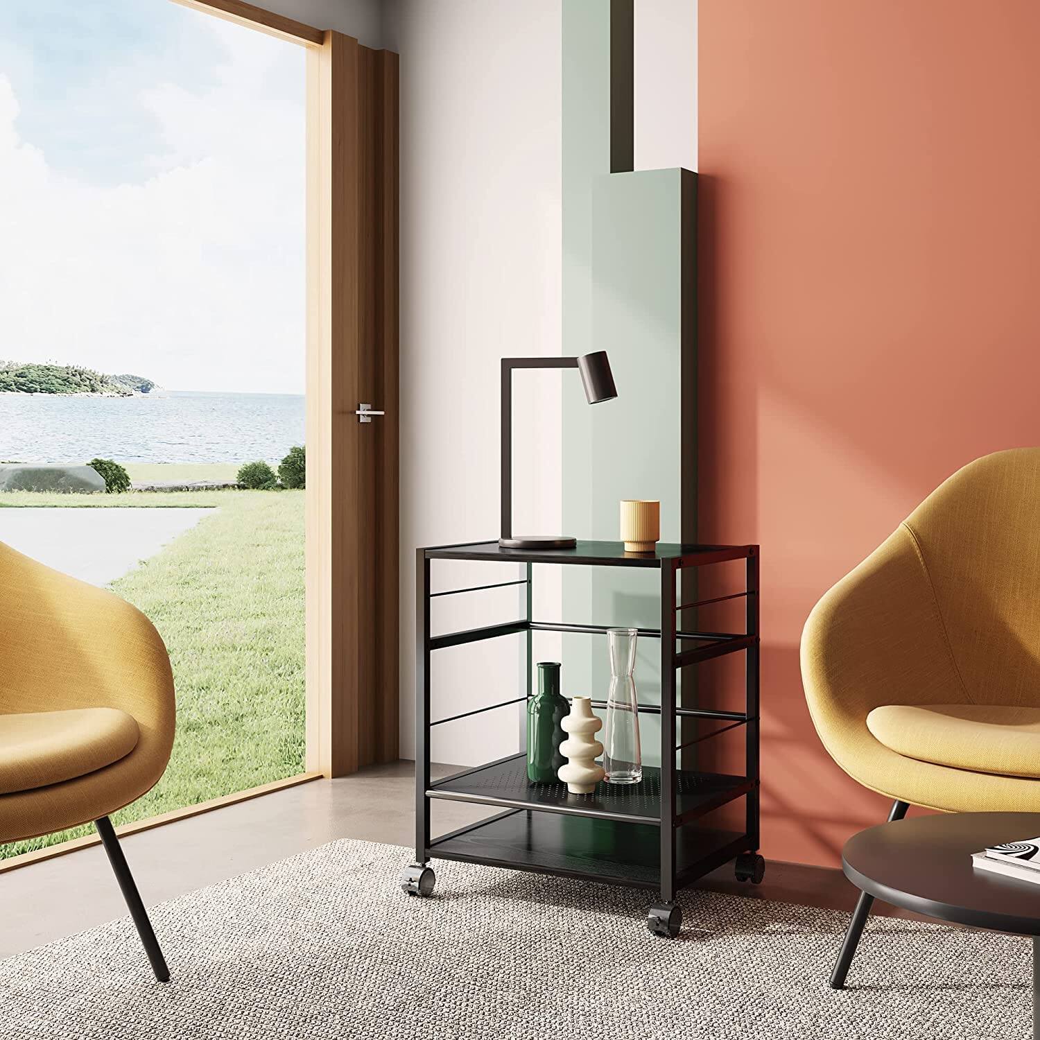 Left. Dazzling Pops - DEVAISE Mobile 3-Shelf Printer Stand with Adjustable Shelves, Modern Printer Cart with Storage Space, Print... - Default.