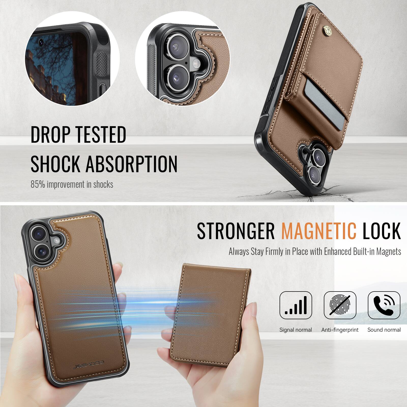 DROP TESTED SHOCK ABSORPTION  
85% improvement in shocks  

STRONGER MAGNETIC LOCK  
Always Stay Firmly in Place with Enhanced Built-in Magnets  

Signal normal  
Anti-fingerprint  
Sound normal