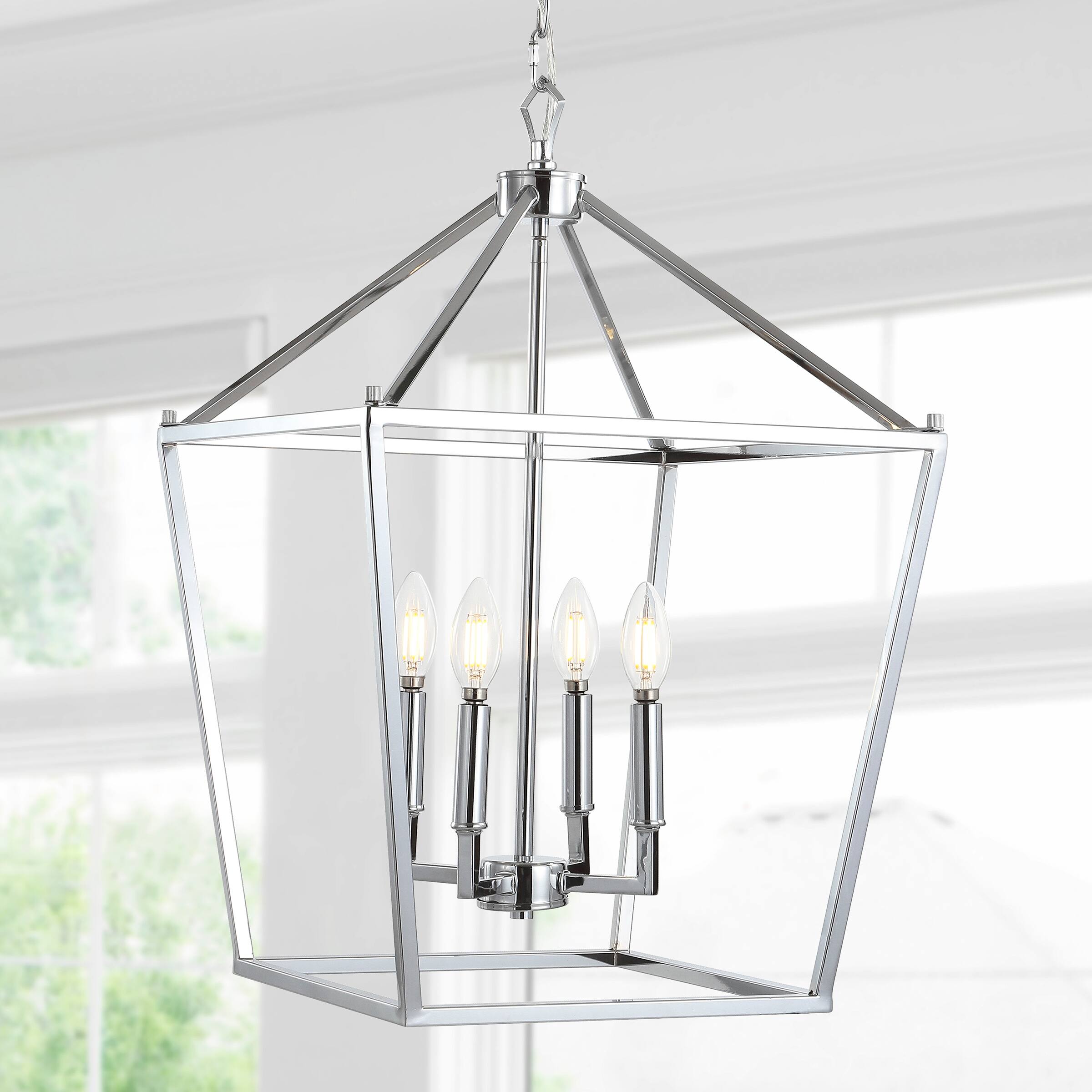 Alt View 1. Jonathan Y - Pagoda 16" 4-Light Classic Traditional Metal Cage Lantern LED Pendant, Chrome - Chrome.
