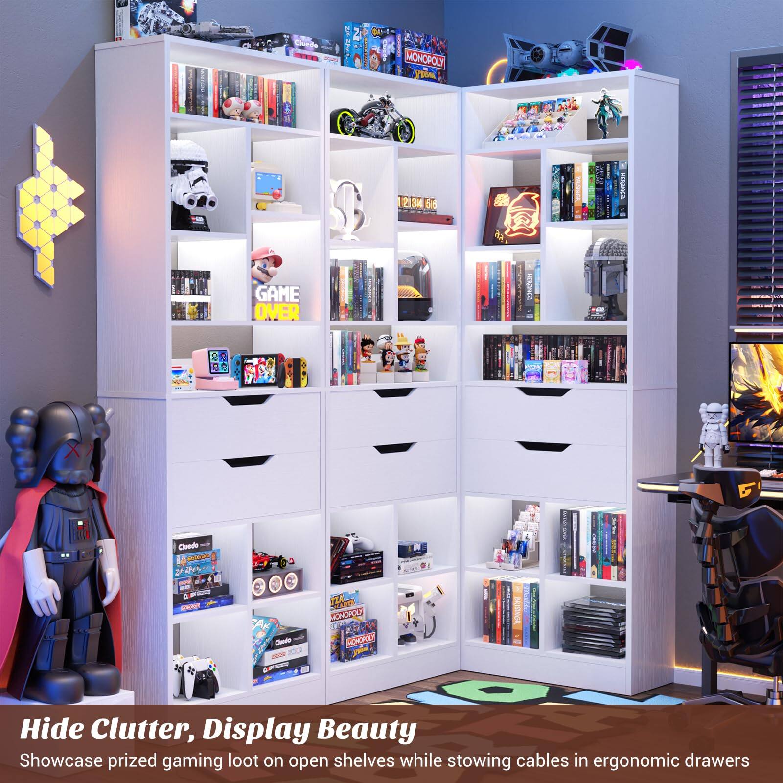 Cluedo 2  MONOPOLY  GAME OVER  13M 616  | JR > --  PO Cleede AnA A - A - AK Cledo - TIA 20 KONOPOLY MOROPOLE I BAISINGA

Hide Clutter, Display Beauty
Showcase prized gaming loot on open shelves while stowing cables in ergonomic drawers