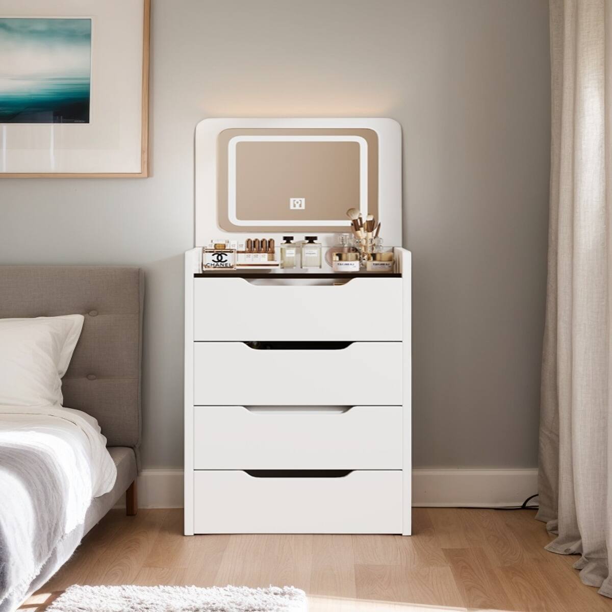 Back. Loheer - Loheer White Makeup Vanity Desk with Flip Top Mirror and Glass Desktop - White.