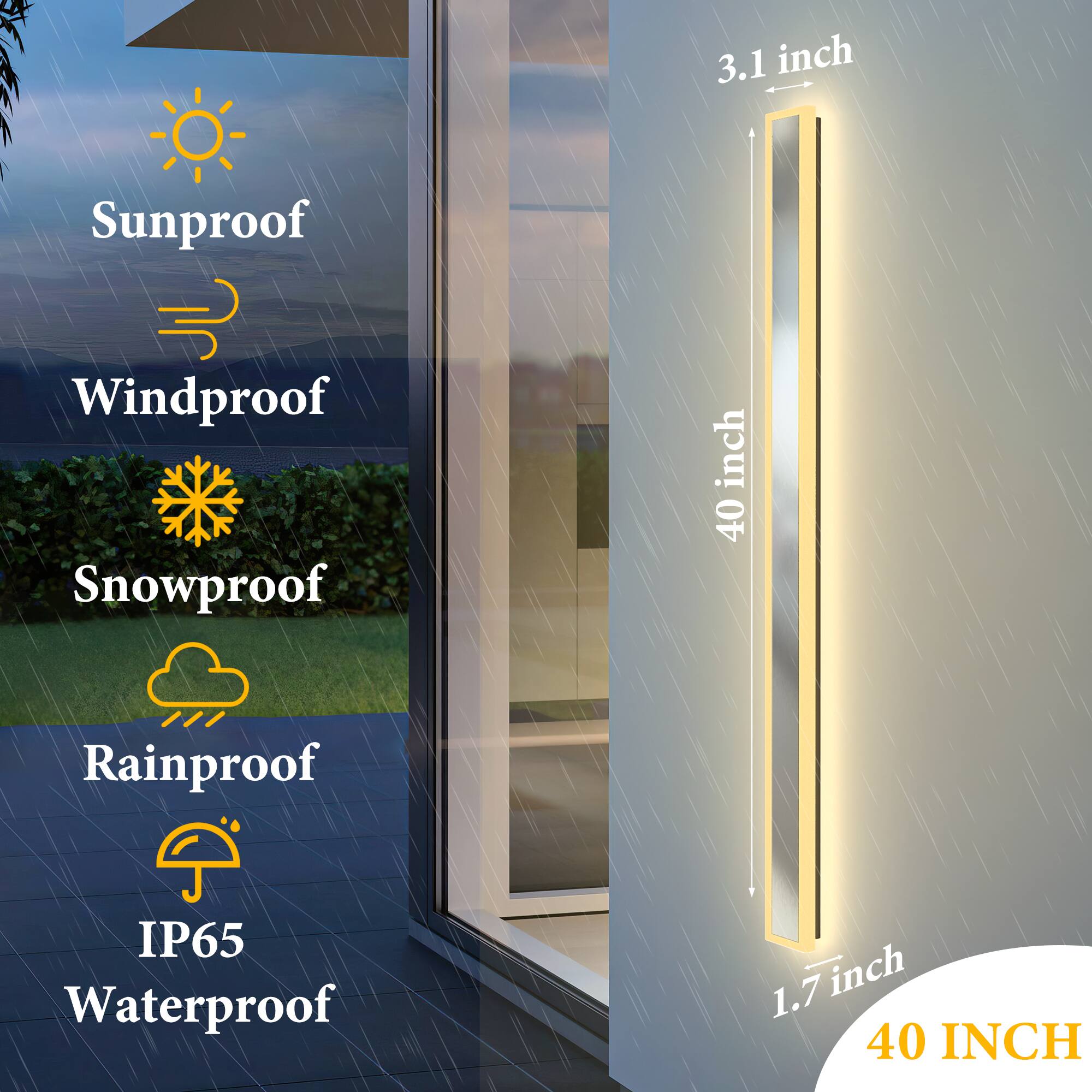 3.1 inch Sunproof Windproof Snowproof 40 inch Rainproof IP65 Waterproof 1.7 inch 40 INCH