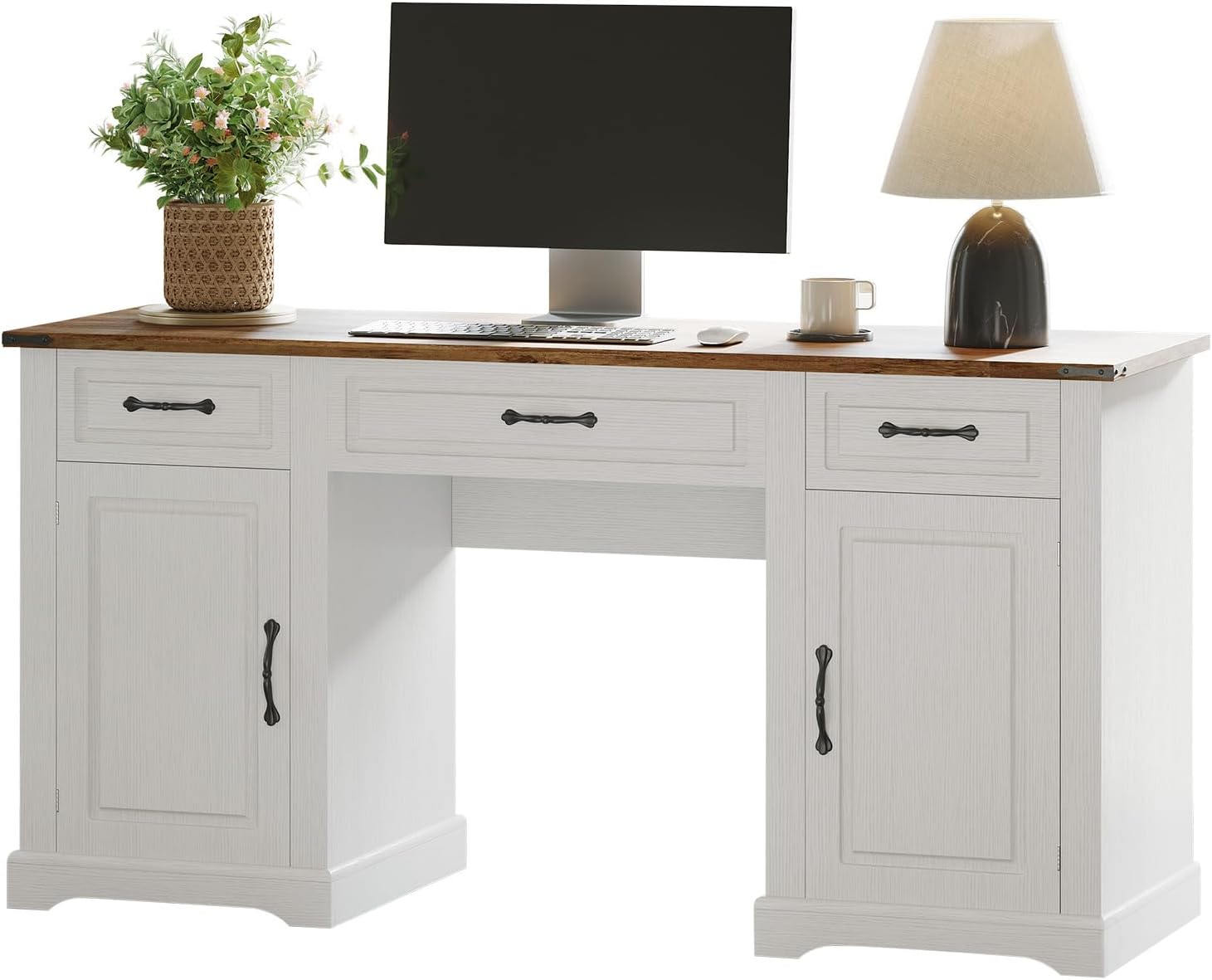 Acekool - 60" Farmhouse Executive Desk, Home Office Desk with Drawers and Storage Cabinets - White