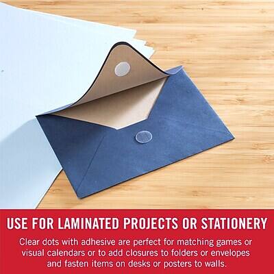 USE FOR LAMINATED PROJECTS OR STATIONERY

Clear dots with adhesive are perfect for matching games or visual calendars, or to add closures to folders or envelopes, and fasten items on desks or posters to walls.